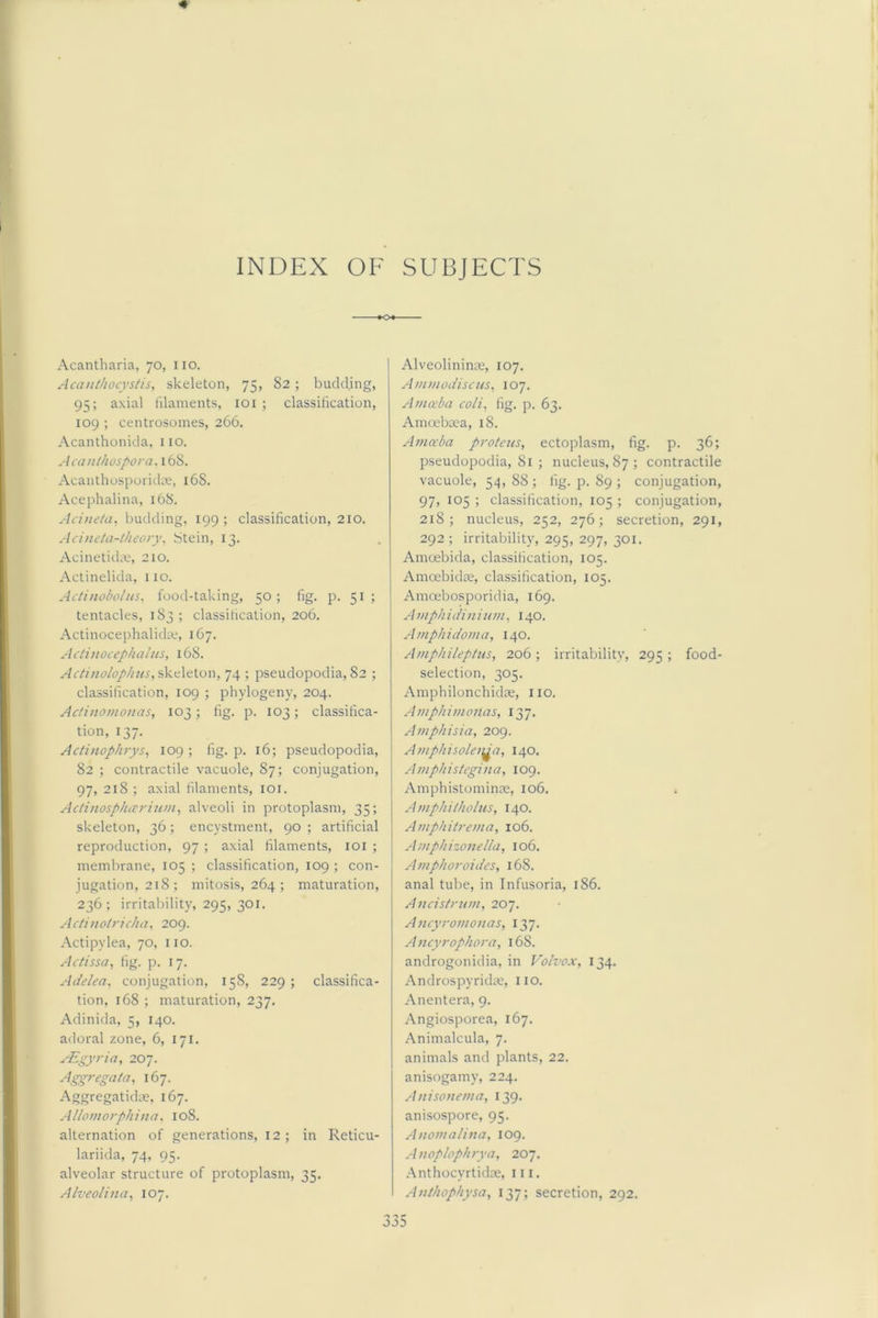 INDEX OF SUBJECTS Acantharia, 70, no. Acanthocystis, skeleton, 75, 82; buckling, 95; axial filaments, loi ; classification, 109 ; centrosomes, 266. Acanthonicla, 110. Acanihospora.\(:iii. Acanthosporiilce, 16S. Acephalina, 168. Aci)ieta, budding, 199 ; classification, 210. Acineta-theory, Stein, 13. Acinetidce, 2io. Actinelida, 110. Actinobo/us, food-taking, 50; fig. p. 51 ; tentacles, 183; classification, 206. Actinocephalida;, 167. Actiuocephalus, 168. skeleton, 74 ; pseudopodia, 82 ; classification, 109 ; phylogeny, 204. Aclinomouas, 103; fig. p. 103; classifica- tion, 137. Actinophrys^ 109 ; fig. p. 16; pseudopodia, 82 ; contractile vacuole, 87; conjugation, 97, 218 ; axial filaments, lOi. Acli)iosphivriu»y alveoli in protoplasm, 35; skeleton, 36; encystment, 90 ; artificial reproduction, 97 ; axial filaments, loi ; membrane, 105 ; classification, 109 ; con- jugation, 218 ; mitosis, 264 ; maturation, 236; irritability, 295, 301. Actinolricha, 209. Actipylea, 70, iio. Actissa, fig. p. 17. Adeiea, conjugation, 158, 229; classifica- tion, 168 ; maturation, 237. Adinida, 5, 140. adoral zone, 6, 171. ALgyria, 207. Aggregate, 167. Aggregatidm, 167. Allomorphina. 108. alternation of generations, 12; in Reticu- lariida, 74, 95. alveolar structure of protoplasm, 35. Alveoli?ia, 107. Alveolininm, 107. Am/nodiscus, 107. Amceba coli^ fig. p. 63. Amoebaea, 18. Amceba proteiis, ectoplasm, fig. p. 36; pseudopodia, 81 ; nucleus, 87 ; contractile vacuole, 54,88; fig. p. 89 ; conjugation, 97, 105 ; classification, 105 ; conjugation, 218; nucleus, 252, 276; secretion, 291, 292 ; irritability, 295, 297, 301. Amoebida, classification, 105. Amoebidae, classification, 105. Amoebosporidia, 169. Amphidinium, 140. Amphidoma, 140. Ampliileptus, 206; irritability, 295; food- selection, 305. Amphilonchidre, no. Amphimonas, 137. Am phi si a, 209. Amphisolei^a, 140. Amphistigina, 109. Amphistominae, 106. Amphi/holus, 140. Amphitrema, 106. Amphizonella, 106. Amphoroides, 168. anal tube, in Infusoria, 186. Ancis/rum, 207. Ancyromonas, 137. Ancyrophora, 168. androgonidia, in Voivox, 134. Androspyridae, 110. Anentera, 9. Angiosporea, 167. Animalcula, 7. animals and plants, 22. anisogamy, 224. Anisoncma, 139. anisospore, 95. Auomalina, 109. Anoplophrya, 207. Anthocyrtidae, in. Anihophysa, 137; secretion, 292.