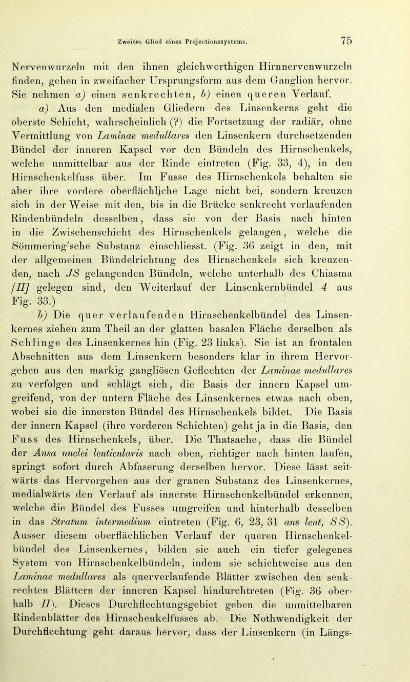Nervenwurzeln mit den ihnen gleichwertigen Hirnnervenwurzeln finden, gehen in zweifacher Ursprungsform aus dem Ganglion hervor. Sie nehmen a) einen senkrechten, b) einen queren Verlauf. a) Aus den medialen Gliedern des Linsenkerns geht die oberste Schicht, wahrscheinlich (?) die Fortsetzung der radiär, ohne Vermittlung von Laminae medulläres den Linsenkern durchsetzenden Bündel der inneren Kapsel vor den Bündeln des Hirnschenkels, welche unmittelbar aus der Rinde eintreten (Fig. 33, 4), in den Hirnschenkelfuss über. Im Fusse des Hirnschenkels behalten sie aber ihre vordere oberflächliche Lage nicht bei, sondern kreuzen sich in der Weise mit den, bis in die Brücke senkrecht verlaufenden Rindenbündeln desselben, dass sie von der Basis nach hinten in die Zwischenschicht des Hirnschenkels gelangen, welche die Sömmering’sche Substanz einschliesst. (Fig. 36 zeigt in den, mit der allgemeinen Bündelrichtung des Hirnschenkels sich kreuzen- den, nach JS gelangenden Bündeln, welche unterhalb des Chiasma [II] gelegen sind, den Weiterlauf der Linsenkernbündel 4 aus Fig. 33.) b) Die quer verlaufenden Hirnschenkelbündel des Linsen- kernes ziehen zum Theil an der glatten basalen Fläche derselben als Schlinge des Linsenkernes hin (Fig. 23 links). Sie ist an frontalen Abschnitten aus dem Linsenkern besonders klar in ihrem Hervor- gehen aus den markig gangliösen Geflechten der Laminae medulläres zu verfolgen und schlägt sich, die Basis der innern Kapsel um- greifend, von der untern Fläche des Linsenkernes etwas nach oben, wobei sie die innersten Bündel des Hirnschenkels bildet. Die Basis der innern Kapsel (ihre vorderen Schichten) geht ja in die Basis, den Fuss des Hirnschenkels, über. Die Thatsache, dass die Bündel der Ansa nuclei lenticularis nach oben, richtiger nach hinten laufen, springt sofort durch Abfaserung derselben hervor. Diese lässt seit- wärts das Hervorgehen aus der grauen Substanz des Linsenkernes, medialwärts den Verlauf als innerste Hirnschenkelbündel erkennen, welche die Bündel des Fusses umgreifen und hinterhalb desselben in das Stratum intermedium eintreten (Fig. 6, 23, 31 ans lent, SS). Ausser diesem oberflächlichen Verlauf der queren Hirnschenkel- bündel des Linsenkernes, bilden sie auch ein tiefer gelegenes System von Hirnschenkelbündeln, indem sie schichtweise aus den Laminae medulläres als querverlaufende Blätter zwischen den senk- rechten Blättern der inneren Kapsel hindurchtreten (Fig. 36 ober- halb II). Dieses Durchflechtungsgebiet geben die unmittelbaren Rindenblätter des Hirnschenkelfusses ab. Die Nothwendigkeit der Durchflechtung geht daraus hervor, dass der Linsenkern (in Längs-
