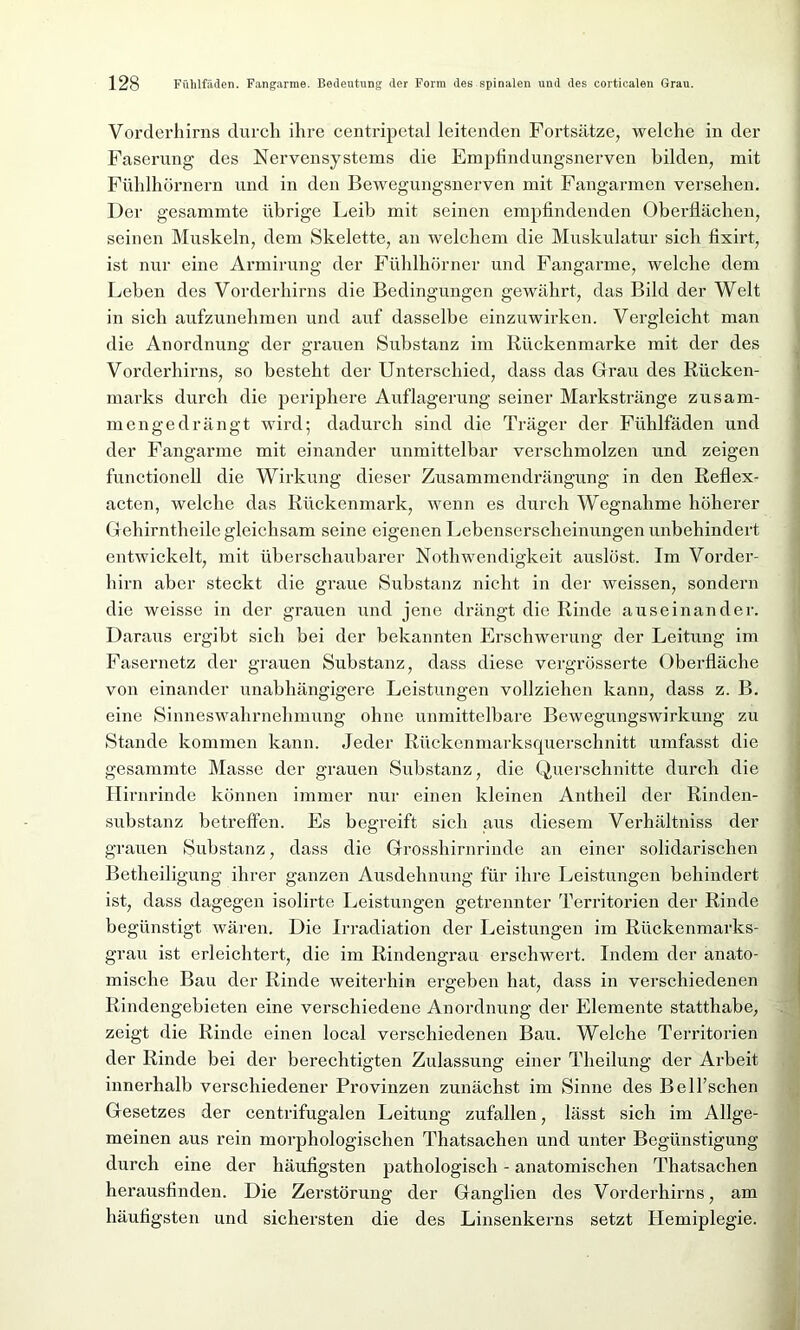Vorderhirns durch ihre centripetal leitenden Fortsätze, welche in der Faserung des Nervensystems die Empfindungsnerven bilden, mit Fühlhörnern und in den Bewegungsnerven mit Fangarmen versehen. Der gesummte übrige Leib mit seinen empfindenden Oberflächen, seinen Muskeln, dem Skelette, an welchem die Muskulatur sich fixirt, ist nur eine Armirung der Fühlhörner und Fangarme, welche dem Leben des Vorderhirns die Bedingungen gewährt, das Bild der Welt in sich aufzunehmen und auf dasselbe einzuwirken. Vergleicht man die Anordnung der grauen Substanz im Rückenmarke mit der des Vorderhirns, so besteht der Unterschied, dass das Grau des Rücken- marks durch die periphere Auflagerung seiner Markstränge zusam- mengedrängt wird; dadurch sind die Träger der Fühlfäden und der Fangarme mit einander unmittelbar verschmolzen und zeigen functionell die Wirkung dieser Zusammendrängung in den Reflex- acten, welche das Rückenmark, wenn es durch Wegnahme höherer Gehirn theile gleichsam seine eigenen Lebenserscheinungen unbehindert entwickelt, mit überschaubarer Nothwendigkeit auslöst. Im Vorder- hirn aber steckt die graue Substanz nicht in der weissen, sondern die weisse in der grauen und jene drängt die Rinde auseinander. Daraus ergibt sich bei der bekannten Erschwerung der Leitung im Fasernetz der grauen Substanz, dass diese vergrösserte Oberfläche von einander unabhängigere Leistungen vollziehen kann, dass z. B. eine Sinneswahrnehmung ohne unmittelbare Bewegungswirkung zu Stande kommen kann. Jeder Rückenmarksquerschnitt umfasst die gesammte Masse der grauen Substanz, die Querschnitte durch die Hirnrinde können immer nur einen kleinen Antheil der Rinden- substanz betreffen. Es begreift sich aus diesem Verhältniss der grauen Substanz, dass die Grosshirnrinde an einer solidarischen Betheiligung ihrer ganzen Ausdehnung für ihre Leistungen behindert ist, dass dagegen isolirte Leistungen getrennter Territorien der Rinde begünstigt wären. Die Irradiation der Leistungen im Rückenmarks- grau ist erleichtert, die im Rindengraa erschwert. Indem der anato- mische Bau der Rinde weiterhin ergeben hat, dass in verschiedenen Rindengebieten eine verschiedene Anordnung der Elemente statthabe, zeigt die Rinde einen local verschiedenen Bau. Welche Territorien der Rinde bei der berechtigten Zulassung einer Theilung der Arbeit innerhalb verschiedener Provinzen zunächst im Sinne des Belfischen Gesetzes der centrifugalen Leitung zufallen, lässt sich im Allge- meinen aus rein morphologischen Thatsachen und unter Begünstigung durch eine der häufigsten pathologisch - anatomischen Thatsachen herausfinden. Die Zerstörung der Ganglien des Vorderhirns, am häufigsten und sichersten die des Linsenkerns setzt Plemiplegie.