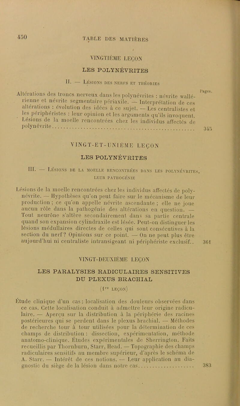 VINGTIÈME LEÇON LES POLYNÉVRITES II. — Lésions des nerfs et théories Altérations des troncs nerveux dans les polynévrites : névrite wallé- rienne et névrite segmentaire périaxile. — Interprétation de ces alIéiallons . évolution des idées a ce sujet. — Les centralistes et les pciipheiistes . leur opinion et les arguments qu’ils invoquent. Lésions de la moelle rencontrées chez les individus affectés de polynévrite VINGT-ET-UNIÈME LEÇON LES POLYNÉVRITES III. — Lésions de la moelle rencontrées dans les polynévrites, LEUR PATHOGÉNIE Lésions de la moelle rencontrées chez les individus affectés de poly- névrite. — Hypothèses qu’on peut faire sur le mécanisme de leur production; ce qu’on appelle névrite ascendante; elle ne joue aucun rôle dans la pathogénie des altérations en question. — Tout neurone s’altère secondairement dans sa partie centrale quand son expansion cylindraxile est lésée. Peut-on distinguer les lésions médullaires directes de celles qui sont consécutives à la section du nerf? Opinions sur ce point. — On ne peut plus être aujourd’hui ni centraliste intransigeant ni périphériste exclusif.. 361 VINGT-DEUXIÈME LEÇON LES PARALYSIES RADICULAIRES SENSITIVES DU PLEXUS BRACHIAL (i''° leçon) Etude clinique d’un cas: localisation des douleurs observées dans ce cas. Cette localisation conduit à admettre leur origine radicu- laire. — Aperçu sur la distribution à la périphérie des racines postérieures qui se perdent dans le plexus brachial. — Méthodes de recherche tour à tour utilisées pour la détermination de ces champs de distribution : dissection, expérimentation, méthode anatomo-clinique. Études expérimentales de Sherrington. Faits recueillis par Thornburn, Starr, Ilead. — Topographie des champs radiculaires sensitifs au membre supérieur, d’après le schéma de A. Starr. — Intérêt de ces notions. — Leur application au dia- gnostic du siège de la lésion dans notre cas 383