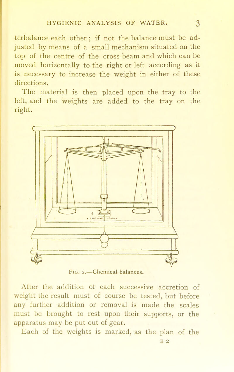 terbalance each other ; if not the balance must be ad- justed by means of a small mechanism situated on the top of the centre of the cross-beam and which can be moved horizontally to the right or left according as it is necessary to increase the weight in either of these directions. The material is then placed upon the tray to the left, and the weights are added to the tray on the right. C. , , , ,) / \ \ / ' r t am' ,1 -tc ][ •■ 0 u » Fig. 2.—Chemical balances. After the addition of each successive accretion of weight the result must of course be tested, but before any further addition or removal is made the scales must be brought to rest upon their supports, or the apparatus may be put out of gear. Each of the weights is marked, as the plan of the B 2