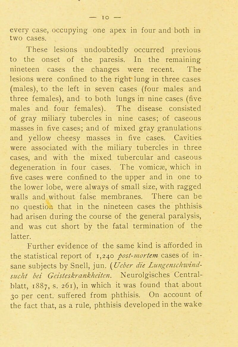 lO every case, occupying one apex in four and both in two cases. These lesions undoubtedly occurred previous to the onset of the paresis. In the remaining nineteen cases the changes were recent. The lesions were confined to the right' lung in three cases (males), to the left in seven cases (four males and three females), and to both lungs in- nine cases (five males and four females). The disease consisted of gray miliary tubercles in nine cases; of caseous masses in five cases; and of mixed gray granulations, and yellow cheesy masses in five cases. Cavities were associated with the miliary tubercles in three cases, and with the mixed tubercular and caseous degeneration in four cases. The vomica, which in five cases were confined to the upper and in one to the lower lobe, were always of small size, with ragged walls and without false membranes. There can be no questio.i that in the nineteen cases the phthisis had arisen during the course of the general paralysis, and was cut short by the fatal termination of the latter. Further evidence of the same kind is afforded in the statistical report of 1,240 post-mortem cases of in- sane subjects by Snell, jun. (Ueber die Lungetischzvind- sucht bei Geisteskrankheiten. Neurolgisches Central- blatt, 1887, s. 261), in which it was found that about 30 per cent, suffered from phthisis. On account of the fact that, as a rule, phthisis developed in the wake