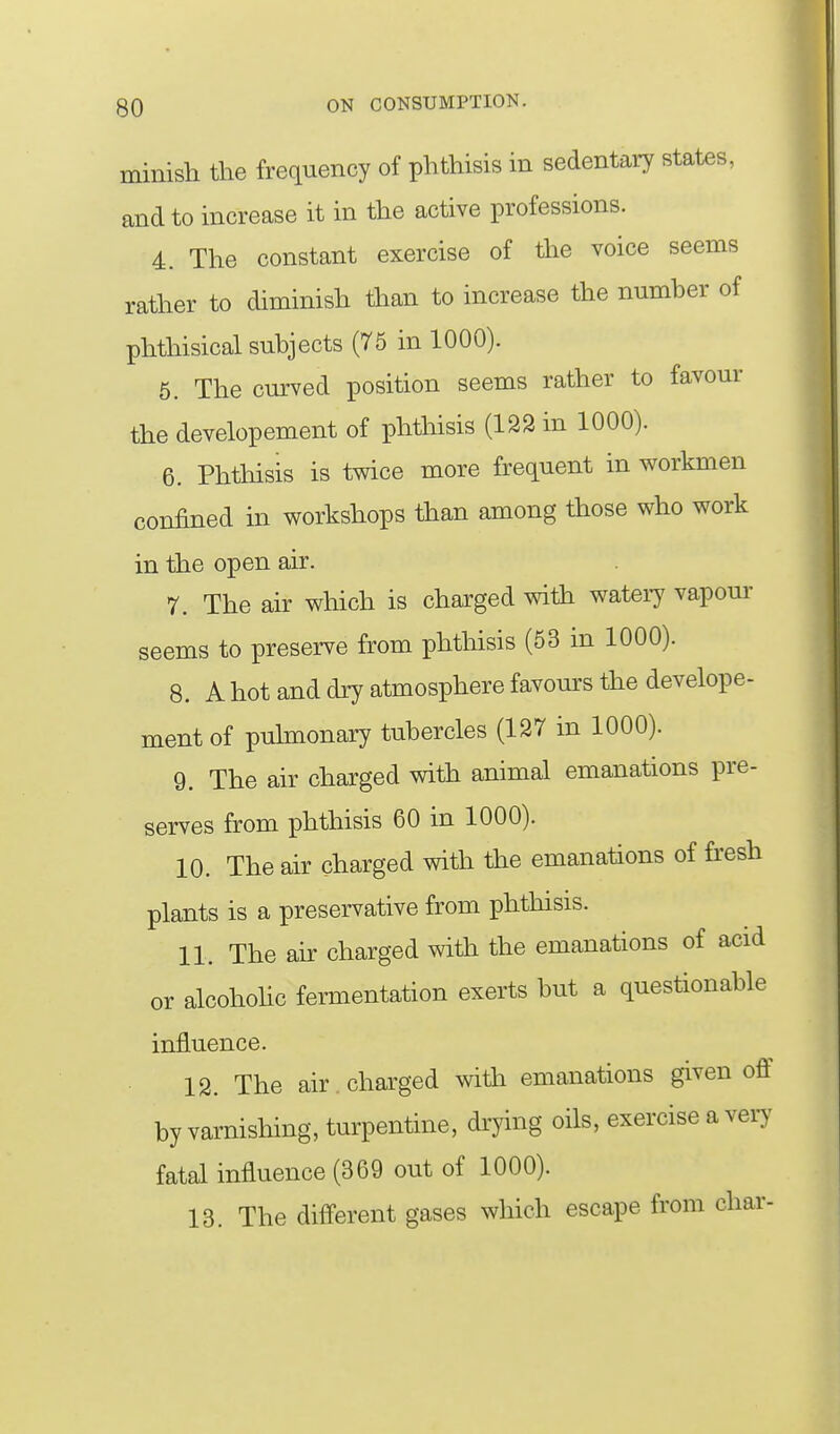 minish the frequency of phthisis in sedentaiy states, and to increase it in the active professions. 4. The constant exercise of the voice seems rather to diminish tlian to increase the number of phthisical subjects (75 in 1000). 5. The curved position seems rather to favour the developement of phthisis (122 in 1000). 6. Phthisis is twice more frequent in workmen confined in workshops than among those who work in the open air. 7. The air which is charged with watei7 vapom- seems to preserve from phthisis (53 in 1000). 8. A hot and dry atmosphere favours the develope- ment of pulmonary tubercles (127 in 1000). 9. The air charged with animal emanations pre- serves from phthisis 60 in 1000). 10. The air charged with the emanations of fresh plants is a preservative from phthisis. 11. The air charged with the emanations of acid or alcohohc fermentation exerts but a questionable influence. 12. The air charged with emanations given off by varnishing, turpentine, drying oils, exercise a vei7 fatal influence (369 out of 1000). 13. The different gases which escape from char-