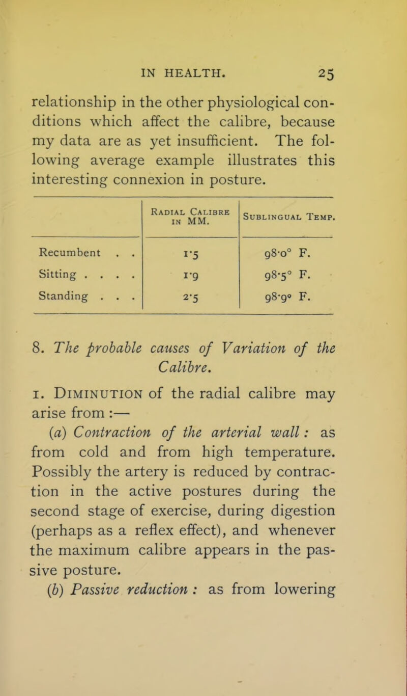 relationship in the other physiological con- ditions which affect the calibre, because my data are as yet insufficient. The fol- lowing average example illustrates this interesting connexion in posture. Recumbent . . Sitting . , . . Standing . . . Radial Calibre IN MM. I'5 1- g 2- 5 Sublingual Temp. 98-0° F. 98-5° F. gS-go F. 8. The probable causes of Variation of the Calibre. I. Diminution of the radial calibre may arise from :— {a) Contraction of the arterial wall: as from cold and from high temperature. Possibly the artery is reduced by contrac- tion in the active postures during the second stage of exercise, during digestion (perhaps as a reflex effect), and whenever the maximum calibre appears in the pas- sive posture. {b) Passive reduction : as from lowering