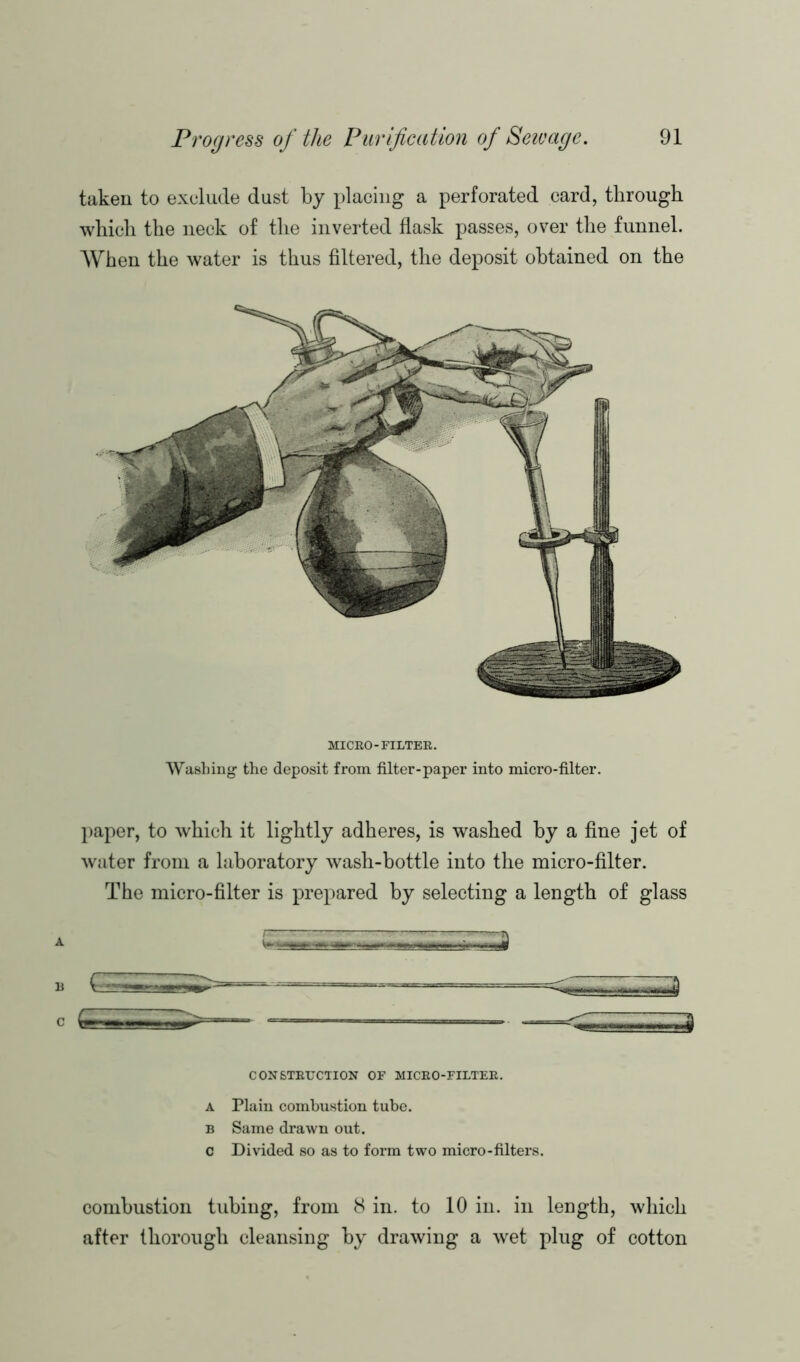 taken to exclude dust by placing a perforated card, through which the neck of the inverted flask passes, over the funnel. When the water is thus filtered, the deposit obtained on the MICRO-FILTER. Washing the deposit from filter-paper into micro-filter. paper, to which it lightly adheres, is washed by a fine jet of water from a laboratory wash-bottle into the micro-filter. The micro-filter is prepared by selecting a length of glass Q CONSTRUCTION OF MICRO-FILTER. A Plain combustion tube. b Same drawn out. c Divided so as to form two micro-filters. combustion tubing, from 8 in. to 10 in. in length, which after thorough cleansing by drawing a wet plug of cotton