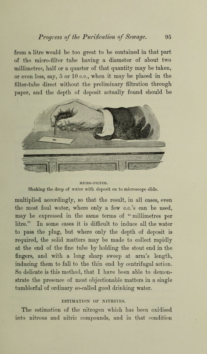from a litre would be too great to be contained in that part of the micro-filter tube having a diameter of about two millimetre?, half or a quarter of that quantity may be taken, or even less, say, 5 or 10 c.c., when it may be placed in the filter-tube direct without the preliminary filtration through paper, and the depth of deposit actually found should be MICRO-FILTER. Shaking the drop of water with deposit on to microscope slide. multiplied accordingly, so that the result, in all cases, even the most foul water, where only a few c.c.’s can be used, may be expressed in the same terms of “ millimetres per litre.” In some cases it is difficult to induce all the water to pass the plug, but where only the depth of deposit is required, the solid matters may be made to collect rapidly at the end of the fine tube by holding the stout end in the fingers, and with a long sharp sweep at arm’s length, inducing them to fall to the thin end by centrifugal action. So delicate is this method, that I have been able to demon- strate the presence of most objectionable matters in a single tumblerful of ordinary so-called good drinking water. ESTIMATION OF NITRITES. The estimation of the nitrogen which has been oxidised into nitrous and nitric compounds, and in that condition