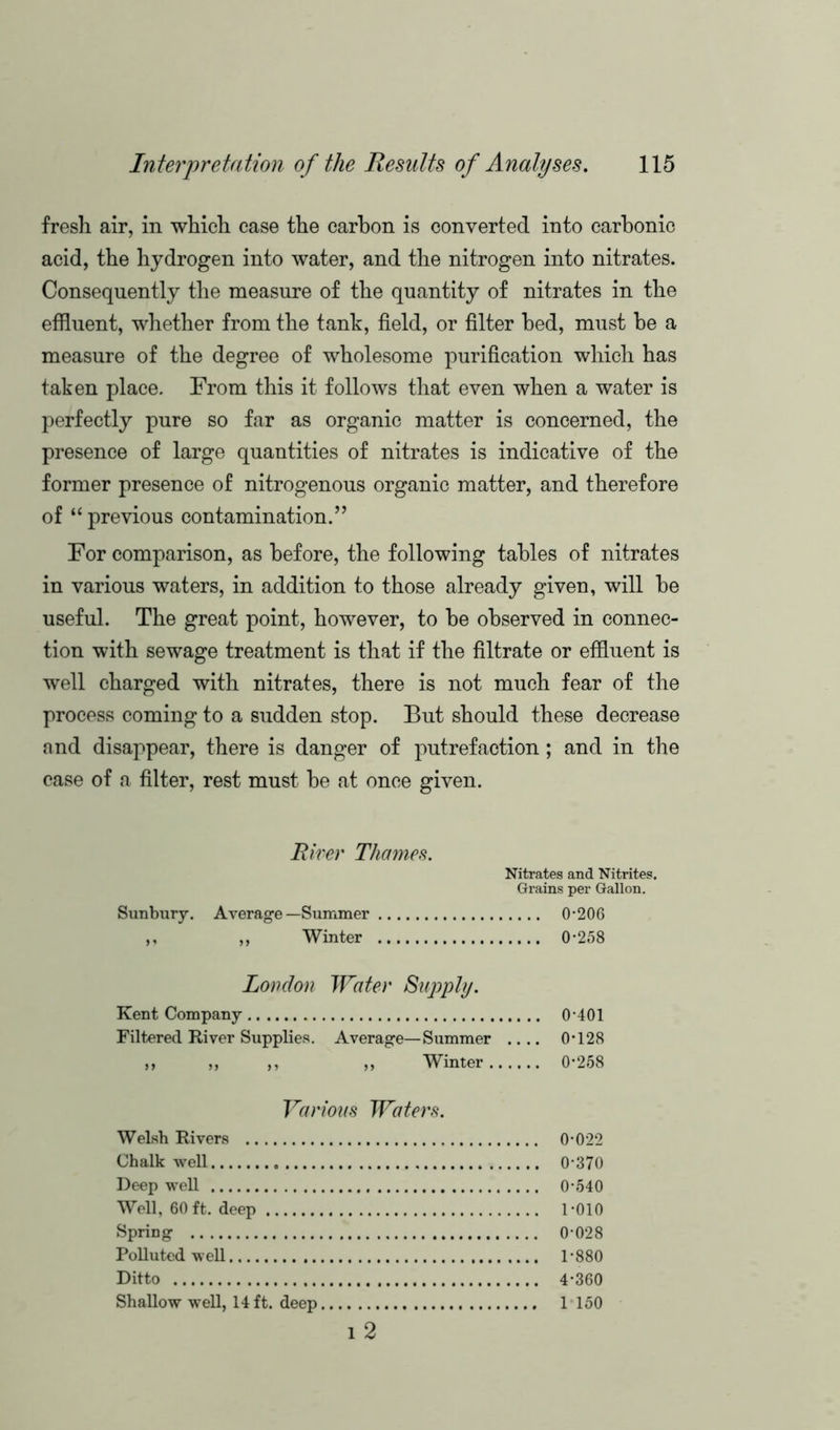 fresh air, in which case the carbon is converted into carbonic acid, the hydrogen into water, and the nitrogen into nitrates. Consequently the measure of the quantity of nitrates in the effluent, whether from the tank, field, or filter bed, must be a measure of the degree of wholesome purification which has taken place. From this it follows that even when a water is perfectly pure so far as organic matter is concerned, the presence of large quantities of nitrates is indicative of the former presence of nitrogenous organic matter, and therefore of ‘‘previous contamination.” For comparison, as before, the following tables of nitrates in various waters, in addition to those already given, will be useful. The great point, however, to be observed in connec- tion with sewage treatment is that if the filtrate or effluent is well charged with nitrates, there is not much fear of the process coming to a sudden stop. But should these decrease and disappear, there is danger of putrefaction; and in the case of a filter, rest must be at once given. River Thames. Nitrates and Nitrites. Grains per Gallon. Sunbury. Average—Summer 0*206 ,, ,, Winter 0*258 London Water Supply. Kent Company 0*401 Filtered River Supplies. Average—Summer .... 0*128 ,, ,, ,, ,, Winter 0*258 Various Waters. Welsh Rivers 0*022 Chalk well 0*370 Deep well 0*540 Well, 60 ft. deep 1*010 Spring 0*028 Polluted well 1*880 Ditto 4*360 Shallow well, 14 ft. deep 1 150 i 2