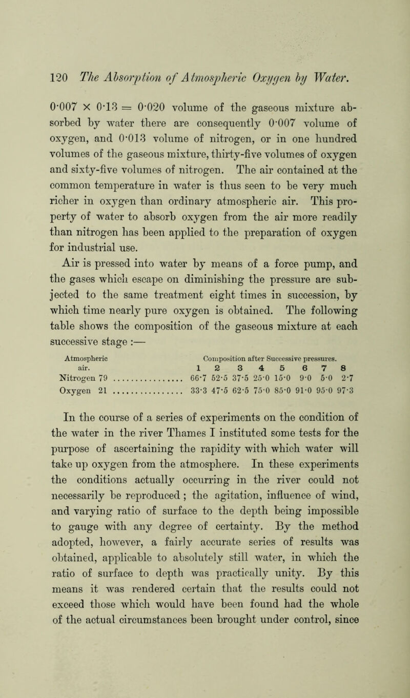 0*007 X 0*13 = 0*020 volume of the gaseous mixture ab- sorbed by water there are consequently 0*007 volume of oxygen, and 0*013 volume of nitrogen, or in one hundred volumes of the gaseous mixture, thirty-five volumes of oxygen and sixty-five volumes of nitrogen. The air contained at the common temperature in water is thus seen to be very much richer in oxygen than ordinary atmospheric air. This pro- perty of water to absorb oxygen from the air more readily than nitrogen has been applied to the preparation of oxygen for industrial use. Air is pressed into water by means of a force pump, and the gases which escape on diminishing the pressure are sub- jected to the same treatment eight times in succession, by which time nearly pure oxygen is obtained. The following table shows the composition of the gaseous mixture at each successive stage :— Atmospheric Composition after Successive pressures, air. 12 345 678 Nitrogen 79 66*7 52-5 37*5 25'0 15*0 9-0 5*0 2*7 Oxygen 21 33-3 47’5 62-5 75-0 85*0 91-0 95’0 97'3 In the course of a series of experiments on the condition of the water in the river Thames I instituted some tests for the purpose of ascertaining the rapidity with which water will take up oxygen from the atmosphere. In these experiments the conditions actually occurring in the river could not necessarily he reproduced; the agitation, influence of wind, and varying ratio of surface to the depth being impossible to gauge with any degree of certainty. By the method adopted, however, a fairly accurate series of results was obtained, applicable to absolutely still water, in which the ratio of surface to depth was practically unity. By this means it was rendered certain that the results could not exceed those which would have been found had the whole of the actual circumstances been brought under control, since