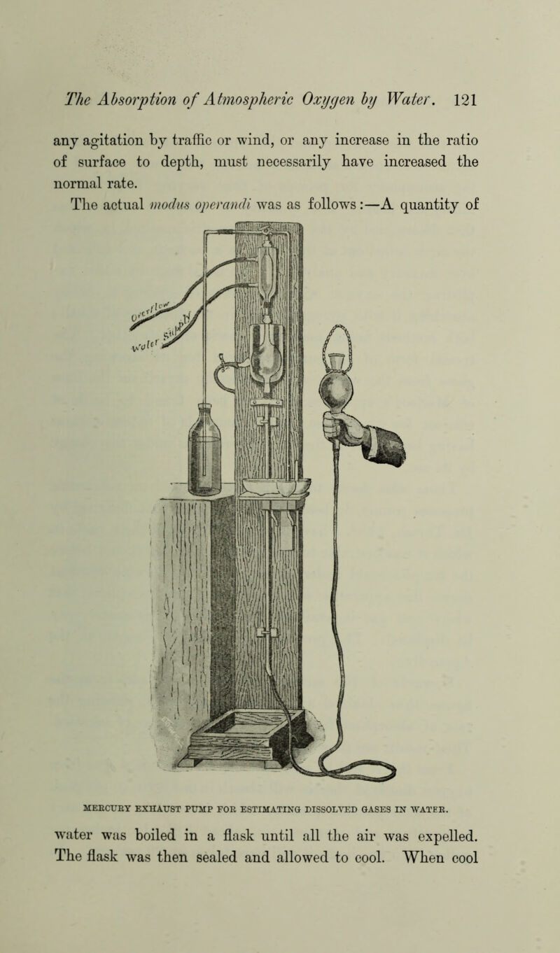 any agitation by traffic or wind, or any increase in the ratio of surface to depth, must necessarily have increased the normal rate. The actual modus operandi was as follows:—A quantity of MEECUEY EXHAUST PUMP FOE ESTIMATING DISSOLVED GASES IN WATEE. water was boiled in a flask until all the air was expelled. The flask was then sealed and allowed to cool. When cool