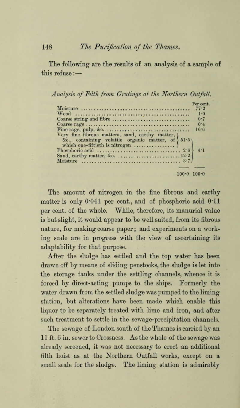 The following are the results of an analysis of a sample of this refuse:— Analysis of Filth from Gratings at the Northern Outfall. Per cent. Moisture 77*2 Wood 1-0 Coarse string and fibre 0-7 Coarse rags 0-4 Fine rags, pulp, &c 16*6 Very fine fibrous matters, sand, earthy matter, \ &c., containing volatile organic matter, of [ 51*5' which one-fiftieth is nitrogen ) Phosphoric acid 2*6 V 4’1 Sand, earthy matter, &c 42*2 Moisture 3 7; 100-0 100-0 The amount of nitrogen in the fine fibrous and earthy matter is only 0*041 per cent., and of phosphoric acid 0*11 per cent, of the whole. While, therefore, its manurial value is hut slight, it would appear to he well suited, from its fibrous nature, for making coarse paper; and experiments on a work- ing scale are in progress with the view of ascertaining its adaptability for that purpose. After the sludge has settled and the top water has been drawn off by means of sliding penstocks, the sludge is let into the storage tanks under the settling channels, whence it is forced by direct-acting pumps to the ships. Formerly the water drawn from the settled sludge was pumped to the liming station, but alterations have been made which enable this liquor to be separately treated with lime and iron, and after such treatment to settle in the sewage-precipitation channels. The sewage of London south of the Thames is carried by an 11 ft. 6 in. sewer to Crossness. As the whole of the sewage was already screened, it was not necessary to erect an additional filth hoist as at the Northern Outfall works, except on a small scale for the sludge. The liming station is admirably