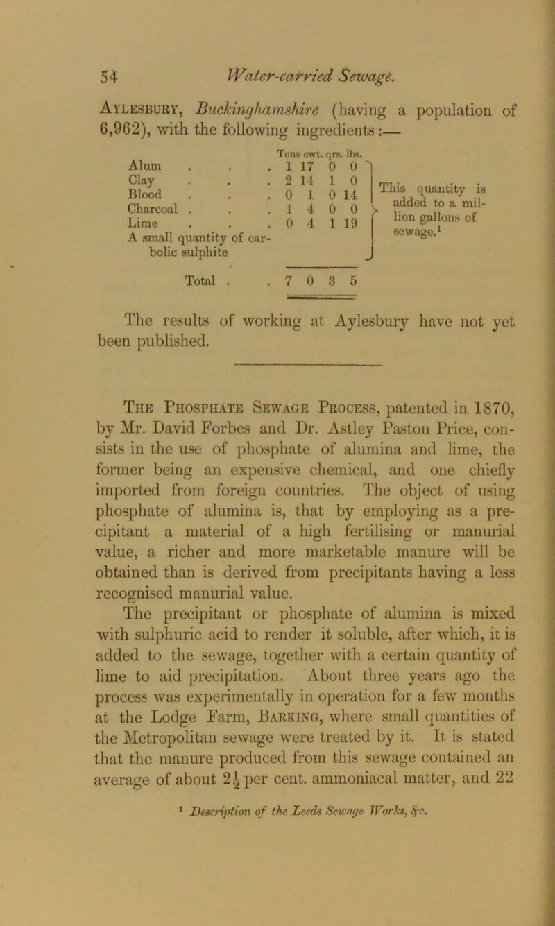 Aylesbury, Buckinghamshire (having a population of 6,962), with the following ingredients :— Tons cwt. qrs. lbs. Alum 1 17 0 o 4 Clay 2 14 1 0 Blood 0 1 0 14 Charcoal . 1 4 0 0 > Lime 0 4 1 19 A small quantity of car- bolic sulphite — This quantity is added to a mil- lion gallons of sewage.1 Total . .7 0 3 5 The results of working at Aylesbury have not yet been published. The Phosphate Sewage Process, patented in 1870, by Mr. David Forbes and Dr. Astley Paston Price, con- sists in the use of phosphate of alumina and lime, the former being an expensive chemical, and one chiefly imported from foreign countries. The object of using phosphate of alumina is, that by employing as a pre- cipitant a material of a high fertilising or manurial value, a richer and more marketable manure will be obtained than is derived from precipitants having a less recognised manurial value. The precipitant or phosphate of alumina is mixed with sulphuric acid to render it soluble, after which, it is added to the sewage, together with a certain quantity of lime to aid precipitation. About three years ago the process was experimentally in operation for a few months at the Lodge Farm, Barking, where small quantities of the Metropolitan sewage were treated by it. It is stated that the manure produced from this sewage contained an average of about 2^ per cent, ammoniacal matter, and 22 1 Description of the Leeds Sewage Works, 8fc.