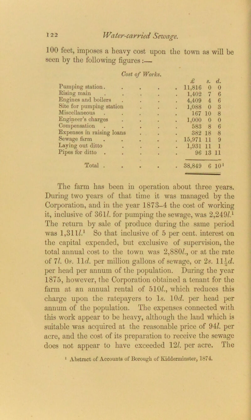 100 feet, imposes a heavy cost upon the town as will be seen by the following figures:— Cost of Works. Pumping station. Rising main Engines and boilers Site for pumping station Miscellaneous Engineer’s charges Compensation Expenses in raising loans Sewage farm Laying out ditto Pipes for ditto £ s. d. 11,BIG 0 0 1,402 7 6 4,409 4 6 1,088 0 3 167 10 8 1,000 0 0 583 8 6 382 18 8 15,971 11 9 1,931 11 1 96 13 11 Total 38,849 6 101 The farm has been in operation about three years. During two years of that time it was managed by the Corporation, and in the year 1873-4 the cost of working it, inclusive of 36\l. for pumping the sewage, was 2,249/4 The return by sale of produce during the same period was 1,311/.1 So that inclusive of 5 per cent, interest on the capital expended, but exclusive of supervision, the total annual cost to the town was 2,880/., or at the rate of 11. 0.*. lie/, per million gallons of sewage, or 25. 11 \d. per head per annum of the population. During the year 1875, however, the Corporation obtained a tenant for the farm at an annual rental of 510/., which reduces this charge upon the ratepayers to Is. lOrZ. per head per annum of the population. The expenses connected with this work appear to be heavy, although the laud which is suitable was acquired at the reasonable price of 94/. per acre, and the cost of its preparation to receive the sewage does not appear to have exceeded 12/. per acre. The 1 Abstract of Accounts of Borough of Kidderminster, 1874.