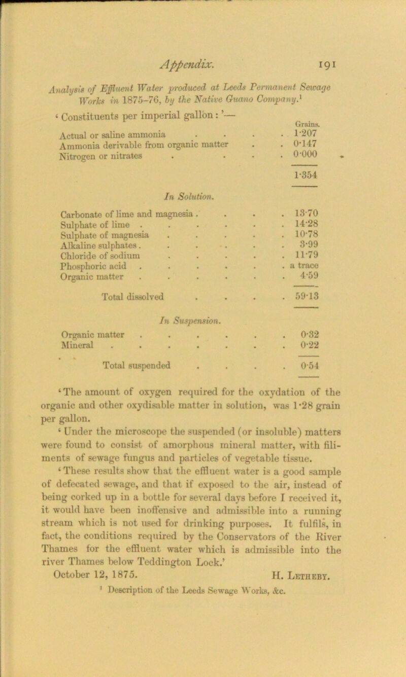 Analysis of Effluent Water produced at Leeds Permanent Seieaye Works in 1875-76, by the Native Guano Company.1 ‘ Constituents per imperial gallon : ’— Grains. Actual or saline ammonia .... 1207 Ammonia derivable from organic matter . . O'147 Nitrogen or nitrates . ... O'OOO 1-354 In Solution. Carbonate of lime and magnesia . . . . 13 70 Sulphate of lime ...... 14 28 Sulphate of magnesia . . . . .10-78 Alkaline sulphates. ..... 3-99 Chloride of sodium ..... 1179 Phosphoric acid . . . . . .a trace Organic matter ...... 4-59 Total dissolved .... 59-13 In Suspension. Organic matter ...... 0-32 Mineral ....... 0-22 % Total suspended .... 0 54 ‘The amount of oxygen required for the oxydation of the organic and other oxydisable matter in solution, was 1-28 grain per gallon. ‘ Under the microscope the suspended (or insoluble) matters were found to consist of amorphous mineral matter, with Ali- ments of sewage fungus and particles of vegetable tissue. ‘These results show that the effluent water is a good sample of defecated sewage, and that if exposed to the air, instead of being corked up in a bottle for several days before I received it, it would have been inoffensive and admissible into a running stream which is not used for drinking purposes. It fulfils, in fact, the conditions required by the Conservators of the River Thames for the effluent water which is admissible into the river Thames below Teddington Lock.’ October 12, 1875. H. Letheby.