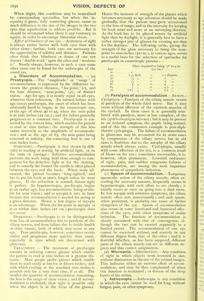 When slight, this condition may be neutrahsed by corresponding spectacles, but when the in- equality is great, fully correcting glasses cause so much difference in the size of the images in the two eyes that equalisation is seldom possible. But it should be attempted when there is any tendency to squint, in order to encourage binocular vision. Effect of blindness of one eye.—Acuteness of sight is always rather better with both eyes than with either alone ; further, both eyes are necessary for the appreciation of solidity and distance. Patients often think that blindness or disuse of one eye throws ' double work ' upon the other and ' weakens it.' Nearly always, however, in such a case some other cause can be found for the asthenopia of the sound eye. 4. Disorders of Accommodation. — {a) Presbyopia.—The 'amplitude' or 'range' of accommodation is expressed by the difference be- tween the greatest distance, ' far-point,' (r), and the least distance, ' near-point,' (/), of distinct vision. Age for age, it is nearly equal in all eyes, whatever their refraction. Its natural failure with age causes presbyopia, the onset of which has been arbitrarily fixed to begin, in the emmetropic eye, at the age of about 40 to 45, when the near-point is at nine inches (22 cm.) ; and the failure generally progresses at a constant rate. Presbyopia is cor- rected by the convex lens, which enables the patient to read at nine inches ; the strength of this lens varies inversely as the amplitude of accommoda- tion ; and at the age of 65, the near-point being removed to infinity, the correcting lens is one of nine inches focus. Symptoms.—Presbyopia is first shown by difii- culty in reading or sewing by artificial light, or in the train or carriage; defective accommodation prevents the work being held close enough to com- pensate for the defective light or for the shaking, and to remedy the former the candle is often placed between the eyes and the book. When more ad- vanced, the patient becomes ' long-sighted,' and has to put his book at arm's length unless he wear glasses. If the refraction is normal, distant sight is perfect. In hypermetropia, presbyopia begins at an earlier age, less accommodation being availa- ble for near vision ; and in myopia it sets in later because less accommodation is needed for seeing at a given distance. Plence a low degree of myopia is an advantage. When the far-point in myopia is at or within nine inches (22 cm.) presbyopia does not occur. Diagnosis.—Presbyopia is to be distinguished from loss of accommodation due to paralysis of the ciliary nerves, and from failure due to feeble health or other causes, both of which may occur at any age. True presbyopia, however, sometimes occurs earlier and progresses more quickly than usual, especially in eyes which are threatened with glaucoma. Treatment. — The treatment of presbyopia consists in ordering convex glasses which enable the patient to read at nine inches or a greater dis- tance. Most people prefer glasses which enable them to read easily at twelve or fifteen inches, and with which reading at the standard nine inches is possible only for a very short time, if at all. The smaller the quantity of accommodation remaining, the less is the range of clear vision ; and if accom- modation is abolished, clear sight is possible only when the object is at the focus of the glasses. Plence the increase of strength of the glasses which becomes necessary as age advances should be made gradually, that the patient may grow accustomed to the loss of range, and to the necessity for keeping his book more and more at an unvarying distance. As the book has to be placed nearer by artificial light than by daylight, it is generally best to have a rather stronger pair of glasses for evening use than for the daytime. The following table, giving the strength of the glass necessary to bring the near- point to nine inches (22 cm.), at various ages, serves as a useful basis for the selection of spectacles for presbyopia in emmetropic persons :— Age 40 45 50 55 60 65 70 Glass required to bring ' to 9 in. (22 cm.) -f^jij inch -t-1 dioptre. 3 4 4S 5'5 ifi) Paralysis of accommodation.—Synon.: Cycloplegia.—Paralysis of the ciliary muscle occurs in paralysis of the whole third nerve. But it may occur without affection of the extrinsic muscles of the eyeball. In these cases it is generally com- bined with paralysis, more or less complete, of the iris {ophtlialmoplegia interna) ; but it may be present as an isolated symptom, the pupils being normal, and of this the commonest example is post-diph- theritic cycloplegia. The failure of accommodation in glaucoma may be accounted for in acute cases by compression of the ciliary nerves, but in old cases is doubtless due to the atrophy of the ciliary muscle which always exists. Cycloplegia, usually with some aff'ection of the iris, is a common result of blows on the eye ; sometimes recoverable, it is, however, often permanent. Lowered endurance of sight, pain, and sudden temporary failures of accommodation, are among the most important phenomena of sympathetic irritation. (r) Spasm of accommodation.—Temporary spasmodic action of the ciliary muscle, often ex- ceeding the necessary amount, frequently occurs in hypermetropia, with each effort to see clearly ; it usually ceases at once on going into a dark room. In low myopia with irritative symptoms, the ciliary muscle often acts unnecessarily ; and such spasm, when persistent, is probably one cause of further elongation of the eye. Spasm of accommodation also occurs in some functional and hysterical affec- tions of the eyes, with other symptoms of ocular irritation. The function of accommodation is closely associated with that of convergence, al- though the two can be exerted separately to a limited extent. The accommodation of one eye cannot be exercised without, and scarcely in any different degree from, that of the other ; and it is doubtful whether, as has been supposed, different parts of the ciliary muscle can act in different de- grees and thus correct astigmatism. (d) Micropsia.—Definition. —Any condition of sight in which objects seem lessened in size, without diminution in the size of the retinal images. This indicates either an extreme effort of accom- modation, and may be thus complained of when this function is weakened ; or disease of the deep layers of the retina. 5. Asthenopia.—Asthenopia is any condition in which the eyes cannot be used for long without fatigue, pain, or other symptoms.