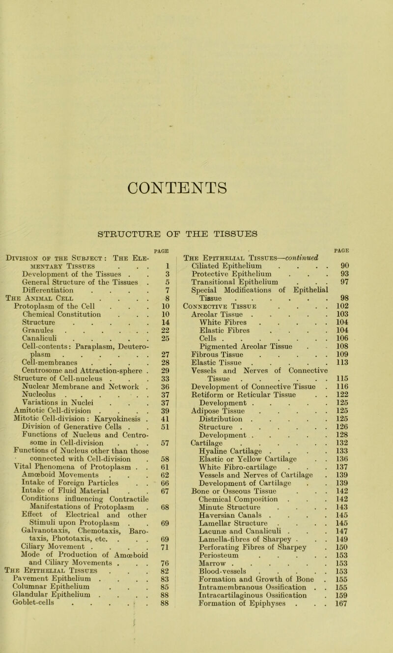 CONTENTS STRUCTURE OF THE TISSUES PAGE Division of the Subject : The Ele- mentary Tissues . . , 1 Development of the Tissues . . 3 General Structure of the Tissues . 5 Differentiation .... 7 The Animal Cell .... 8 Protoplasm of the Cell ... 10 Chemical Constitution . . . 10 Structure ..... 14 Granules . . .... 22 Canalicuh ..... 25 Cell-contents: Paraplasm, Deutero- plasm 27 Cell-membranes . . . .28 Centrosome and Attraction-sphere . 29 Structure of Cell-nucleus ... 33 Nuclear Membrane and Network . 36 Nucleolus . . . . . . 37 Variations in Nuclei ... 37 Amitotic Cell-division . . . . 39 Mitotic Cell-division : Karyokinesis . 41 Division of Generative Cells . . 51 Functions of Nucleus and Centro- some in Cell-division . . . 57 Functions of Nucleus other than those connected with Cell-division . 58 Vital Phenomena of Protoplasm . . 61 Amoeboid Movements ... 62 Intake of Foreign Particles . . 66 Intake of Fluid Material . . 67 Conditions influencing Contractile Manifestations of Protoplasm . 68 Effect of Electrical and other Stimuli upon Protoplasm . . 69 Galvanotaxis, Chemotaxis, Baro- taxis, Phototaxis, etc. . . . 69 Ciliary Movement . . . .71 Mode of Production of Amoeboid and Ciliary Movements . . . 76 The Epithelial Tissues ... 82 Pavement Epithelium . . . . 83 Columnar Epithelium ... 85 Glandular Epithelium . . . . 88 Goblet-cells . . . . < . 88 PAGE The Epithelial Tissues—continued Ciliated Epithelium . . . . 90 Protective Epithelium ... 93 Transitional Epithelium . . . 97 Special Modifications of Epithelial Tissue ...... 98 Connective Tissue . . . . 102 Areolar Tissue ..... 103 White Fibres . . . . . 104 Elastic Fibres .... 104 Cells 106 Pigmented Areolar Tissue . 108 Fibrous Tissue . . . . . 109 Elastic Tissue . . . . .113 Vessels and Nerves of Connective Tissue . . . . . . 115 Development of Connective Tissue . 116 Retiform or Reticular Tissue . . 122 Development . . . . .125 Adipose Tissue . . . . . 125 Distribution ..... 125 Structure . . . . . . 126 Development . . . . .128 Cartilage . . . . . . 132 Hyaline Cartilage . . . .133 Elastic or Yellow Cartilage . . 136 White Fibro-cartilage . . . 137 Vessels and Nerves of Cartilage . 139 Development of Cartilage . .139 Bone or Osseous Tissue . . . 142 Chemical Composition . . . 142 Minute Structure . . . . 143 Haversian Canals .... 145 Lamellar Structure . . . . 145 Lacunae and Canaliculi . . . 147 Lamella-fibres of Sharpey . . . 149 Perforating Fibres of Sharpey . 150 Periosteum . . . . . 153 Marrow ...... 153 Blood-vessels . . . . . 153 Formation and Growth of Bone . 155 Intramembranous Ossification . . 155 Intracartilaginous Ossification . 159 Formation of Epiphyses . . . 167