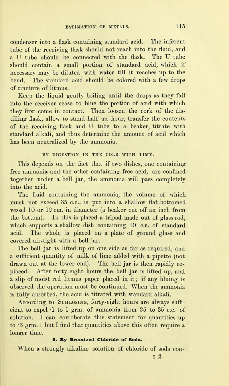 condenser into a flask containing standard acid. The inferent tube of the receiving flask should not reach into the fluid, and a U tube should be connected with the flask. The U tube should contain a small portion of standard acid, which if necessary may be diluted with water till it reaches up to the bend. The standard acid should be colored with a few drops of tincture of litmus. Keep the liquid gently boiling until the drops as they fall into the receiver cease to blue the portion of acid with which they first come in contact. Then loosen the cork of the dis- tilling flaskj allow to stand half an hour, transfer the contents of the receiving flask and U tube to a beaker, titrate with standard alkali, and thus determine the amount of acid which has been neutralized by the ammonia. BY DIGESTION IN THE COLD WITH LIME. This depends on the fact that if two dishes, one containing free ammonia and the other containing free acid, are confined together under a bell jar, the ammonia will pass completely into the acid. The fluid containing the ammonia, the volume of which must not exceed 35 c.c, is put into a shallow flat-bottomed vessel 10 or 12 cm. in diameter (a beaker cut off an inch from the bottom). In this is placed a tripod made out of glass rod, which supports a shallow dish containing 10 c.c. of standard acid. The whole is placed on a plate of ground glass and covered air-tight with a bell jar. The bell jar is lifted up on one side as far as required, and a sufiicient quantity of milk of lime added with a pipette (not drawn out at the lower end). The bell jar is then rapidly re- placed. After forty-eight hours the bell jar is lifted up, and a slip of moist red litmus paper placed in it; if any bluing is observed the operation must be continued. When the ammonia is fully absorbed, the acid is titrated with standard alkali. According to Schlosing, forty-eight hours are always sufii- cient to expel '1 to 1 grm. of ammonia from 25 to 35 c.c. of solution. I can corroborate this statement for quantities up to '3 grm.: but I find that quantities above this often require a longer time. 3. By Bromized Chloride of Soda. When a strongly alkaline solution of chloride of soda con- I 2