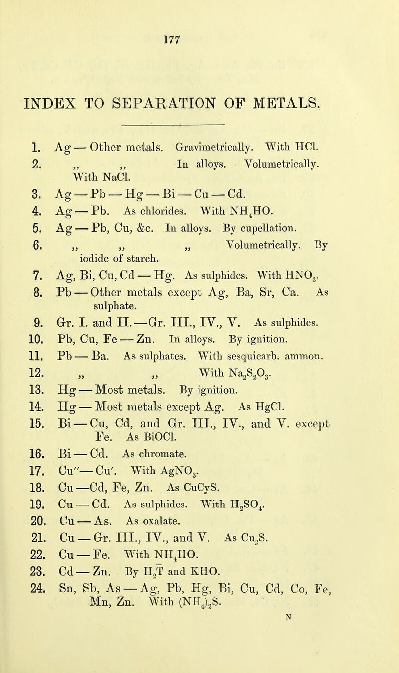 INDEX TO SEPARATION OF METALS. 1. Ag — Other metals. Gravimetrically. With HCl. 2. „ In alloys. Volumetrically. With NaCl. 3. Ag —Pb —Hg —Bi —Cu —Cd. 4. Ag — Pb. As chlorides. With NH^HO. 5. Ag — Pb, Cu, &c. In alloys. By cupellation. 6. 5, „ „ Volumetrically. By iodide of starch. 7. Ag, Bi, Cu, Cd — Hg. As sulphides. With HNO3. 8. Pb — Other metals except Ag, Ba, Sr, Ca. As sulphate. 9. ar. I. and II.—Or. III., IV., V. As sulphides. 10. Pb, Cu, Fe — Zn. In alloys. By ignition. 11. Pb — Ba. As sulphates. With sesquicarb. ammon. 12. „ „ WithNa,Sp3. 13. Hg — Most metals. By ignition. 14. Hg — Most metals except Ag. As HgCl. 15. Bi —Cu, Cd, and Or. III., IV., and V. except Fe. As BiOCl. 16. Bi — Cd. As chromate. 17. Cu— Cu'. With AgNOg. 18. Cu—Cd, Fe, Zn. As CuCyS. 19. Cu — Cd. As sulphides. With H^SO^. 20. Cu — As. As oxalate. 21. Cu — Gr. III., IV., and V. As Cu,S. 22. Cu —Fe. WithNH.HO. 23. Cd —Zn. By H^T and KHO. 24. Sn, Sb, As —Ag, Pb, Hg, Bi, Cu, Cd, Co, Fe, Mn, Zn. With (NHJ^S. N