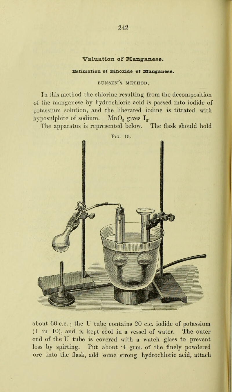 243 Valuation of Mang-anese. Estimation of Binoxide of IMCangranese. bunsen's method. In this method the chlorine resulting from the decomposition of the manganese by hydrochloric acid is passed into iodide of potassium solution, and the liberated iodine is titrated with hyposulphite of sodium. MnOg gives I„. The apparatus is represented below. The flask should hold Fig. 15. about GO c.c. ; the U tube contains 20 c.c. iodide of potassium (1 in 10), and is kept cool in a vessel of water. The outer end of the U tube is covered with a watch glass to prevent loss by spirting. Put about '4 grm. of the finely poAvdcred ore into the flask, add some strong hydrochloric acid, attach