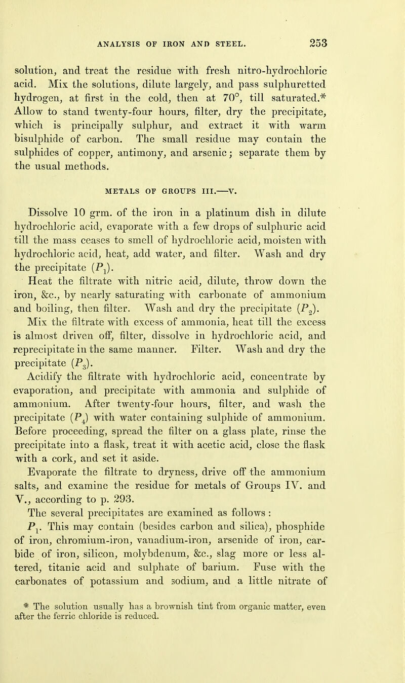 solution, and treat the residue with fresh nitro-hydrochloric acid. Mix the solutions, dilute largely, and pass sulphuretted hydrogen, at first in the cold, then at 70°, till saturated.* Allow to stand twenty-four hours, filter, dry the precipitate, which is principally sulphur, and extract it with warm bisulphide of carbon. The small residue may contain the sulphides of copper, antimony, and arsenic; separate them by the usual methods. METALS OF GROUPS III. V. Dissolve 10 grm. of the iron in a platinum dish in dilute hydrochloric acid, evaporate with a few drops of sulphuric acid till the mass ceases to smell of hydrochloric acid, moisten with hydrochloric acid, heat, add water, and filter. Wash and dry the precipitate (PJ. Heat the filtrate with nitric acid, dilute, thi'ow down the iron, &c., by nearly saturating with carbonate of ammonium and boiling, then filter. Wash and dry the precipitate (Pj). Mix the filtrate with excess of ammonia, heat till the excess is almost driven off, filter, dissolve in hydrochloric acid, and reprecipitate in the same manner. Filter. Wash and dry the precipitate (Pg). Acidify the filtrate with hydrochloric acid, concentrate by evaporation, and precipitate with ammonia and sulphide of ammonium. After twenty-four hours, filter, and wash the precipitate (PJ with water containing sulphide of ammonium. Before proceeding, spread the filter on a glass plate, rinse the precipitate into a flask, treat it with acetic acid, close the flask with a cork, and set it aside. Evaporate the filtrate to dryness, drive off the ammonium salts, and examine the residue for metals of Groups IV. and v., according to p. 293. The several precipitates are examined as follows : Pj. This may contain (besides carbon and silica), phosphide of iron, chromium-iron, vanadium-iron, arsenide of iron, car- bide of iron, silicon, molybdenum, &c., slag more or less al- tered, titanic acid and sulphate of barium. Fuse with the carbonates of potassium and sodium, and a little nitrate of * The solution usually has a brownisli tint from organic matter, even after the ferric chloride is reduced.