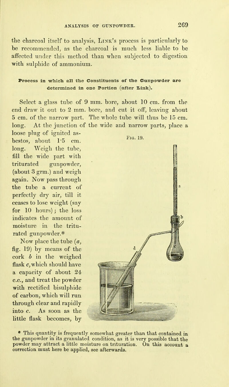 the charcoal itself to analysis, Link^s process is particularly to be recommended, as the charcoal is much less liable to be affected under this method than when subjected to digestion with sulphide of ammonium. Fig. 19. Process in wliicb all tlie Constituents of tbe Gunpowder are determined in one Portion (after Ziink). Select a glass tube of 9 mm. bore, about 10 cm. from the end draw it out to 2 mm. bore, and cut it off, leaving about 5 cm. of the narrow part. The whole tube will thus be 15 cm. long. At the junction of the wide and narrow parts, place a loose plug of ignited as- bestos, about 15 cm. long. Weigh the tube, fill the wide part with triturated gunpowder, (about 3 grm.) and weigh again. Now pass through the tube a current of perfectly dry air, till it ceases to lose weight (say for 10 hours); the loss indicates the amount of moisture in the tritu- rated gunpowder.* Now place the tube (a, fig. 19) by means of the cork b in the weighed flask c, which should have a capacity of about 24 C.C., and treat the powder with rectified bisulphide of carbon, which will run through clear and rapidly into c. As soon as the little flask becomes, by * This quantity is frequently somewhat greater than that contained in the gunpowder in its granulated condition, as it is very possible that the powder may attract a little moisture on trituration. On this account a correction must here be applied, see afterwards.