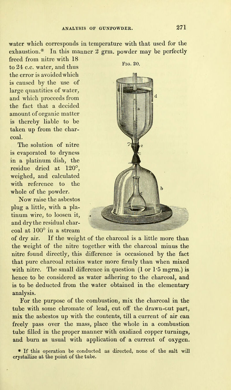 water which corresponds in temperature with that used for the exhaustion.* In this manner 2 grm, powder may be perfectly- freed from nitre with 18 to 24 c.c. water, and thus the error is avoided which is caused by the use of large quantities of water, and which proceeds from the fact that a decided amount of organic matter is thereby liable to be taken up from the char- coal. The solution of nitre is evaporated to dryness in a platinum dish, the residue dried at 120°, weighed, and calculated with reference to the whole of the powder. Now raise the asbestos plug a little, with a pla- tinum wire, to loosen it, and dry the residual char- coal at 100° in a stream of dry air. If the weight of the charcoal is a little more than the weight of the nitre together with the charcoal minus the nitre found directly, this difference is occasioned by the fact that pure charcoal retains water more firmly than when mixed with nitre. The small difference in question (1 or 1'5 mgrm.) is hence to be considered as water adhering to the charcoal, and is to be deducted from the water obtained in the elementary analysis. For the purpose of the combustion, mix the charcoal in the tube with some chromate of lead, cut off the drawn-out part, mix the asbestos up with the contents, till a current of air can freely pass over the mass, place the whole in a combustion tube filled in the proper manner with oxidized copper turnings, and burn as usual with application of a current of oxygen. * If this operation be conducted as directed, none of the salt will crystallize at the point of the tube. Fig. 20.