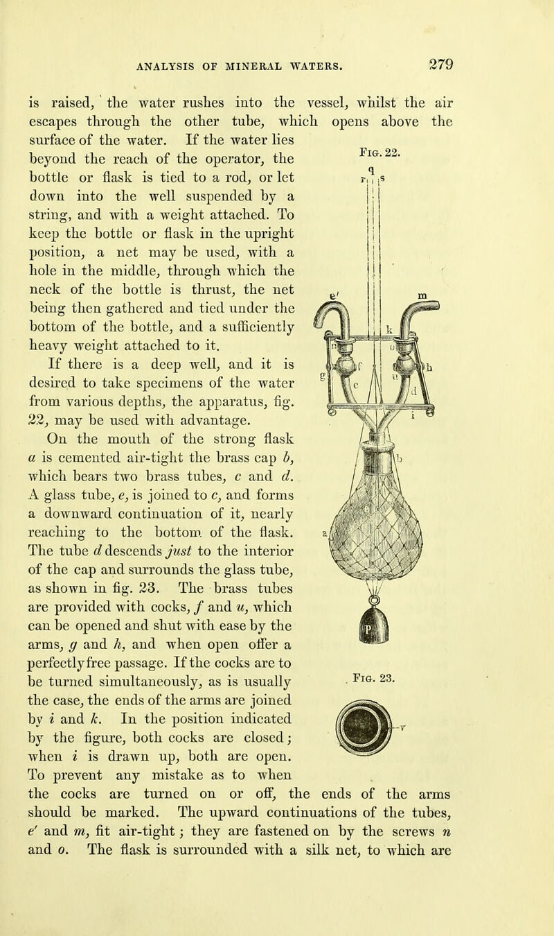 is raised^ the water rushes into the vessel, whilst the air escapes through the other tube, which opens above the surface of the water. If the water lies beyond the reach of the operator, the bottle or flask is tied to a rod, or let down into the well suspended by a string, and with a weight attached. To keep the bottle or flask in the upright position, a net may be used, with a hole in the middle, through which the neck of the bottle is thrust, the net being then gathered and tied under the bottom of the bottle, and a sufficiently heavy weight attached to it. If there is a deep well, and it is desired to take specimens of the water from various depths, the apparatus, fig. 22, may be used with advantage. On the mouth of the strong flask a is cemented air-tight the brass cap h, which bears two brass tubes, c and d. A glass tube, e, is joined to c, and forms a downward continuation of it, nearly reaching to the bottom, of the flask. The tube d descends jnst to the interior of the cap and surrounds the glass tube, as shown in fig. 23. The brass tubes are provided with cocks, / and m, which can be opened and shut with ease by the arms, g and h, and when open ofier a perfectly free passage. If the cocks are to be turned simultaneously, as is usually the case, the ends of the arms are joined by i and k. In the position indicated by the figure, both cocks are closed; when i is drawn up, both are open. To prevent any mistake as to when the cocks are turned on or ofi, the ends of the arms should be marked. The upward continuations of the tubes, e' and m, fit air-tight; they are fastened on by the screws n and 0. The flask is surrounded with a silk net, to which are Fig. 23.