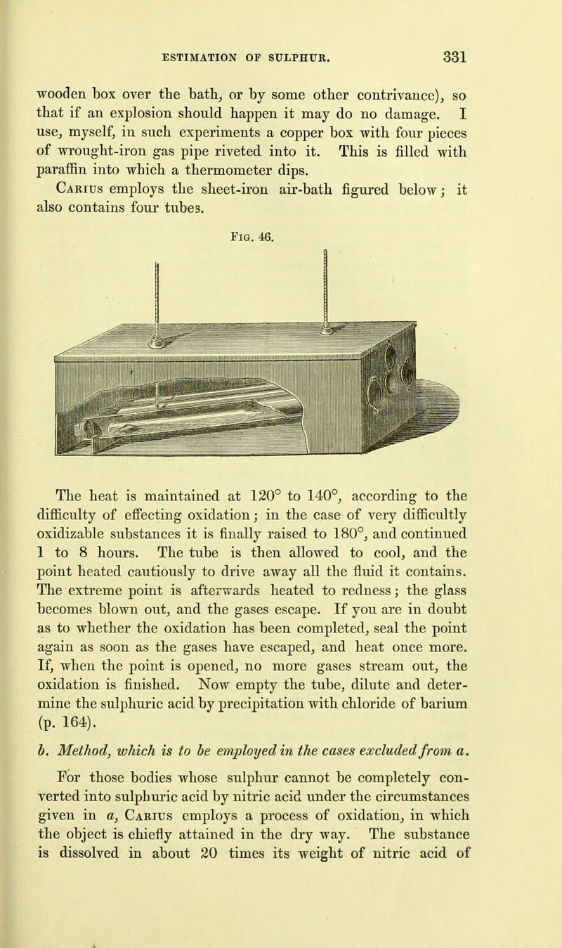 wooden box over tlie bath, or by some other contrivance), so that if an explosion should happen it may do no damage. I use, myself, in such experiments a copper box with four pieces of wrought-iron gas pipe riveted into it. This is filled with paraffin into which a thermometer dips. Carius employs the sheet-iron air-bath figured below; it also contains four tubes. Pig. 46. The heat is maintained at 120° to 140°, according to the difficulty of effecting oxidation; in the case of very difficultly oxidizable substances it is finally raised to 180°, and continued 1 to 8 hours. The tube is then allowed to cool, and the point heated cautiously to drive away all the fluid it contains. The extreme point is afterwards heated to redness; the glass becomes blown out, and the gases escape. If you are in doubt as to whether the oxidation has been completed, seal the point again as soon as the gases have escaped, and heat once more. If, when the point is opened, no more gases stream out, the oxidation is finished. Now empty the tube, dilute and deter- mine the sulphuric acid by precipitation with chloride of barium (p. 164). b. Method, which is to be employed in the cases excluded from a. For those bodies whose sulphur cannot be completely con- verted into sulphuric acid by nitric acid under the circumstances given in a, Carius employs a process of oxidation, in which the object is chiefly attained in the dry way. The substance is dissolved in about 20 times its weight of nitric acid of