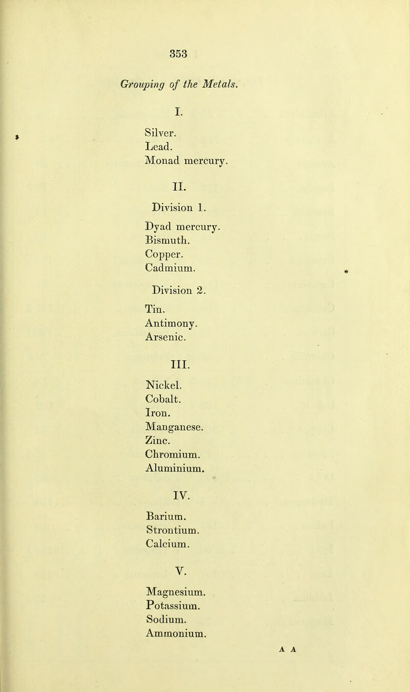 Grouping of the Metals. I. Silver. Lead. Monad mercury. II. Division 1. Dyad mercury. Bismuth. Copper. Cadmium. Division 2. Tin. Antimony. Arsenic. III. Nickel. Cobalt. Iron. Manganese. Zinc. Chromium. Aluminium. IV. Barium. Strontium. Calcium. V. Magnesium. Potassium. Sodium. Ammonium.