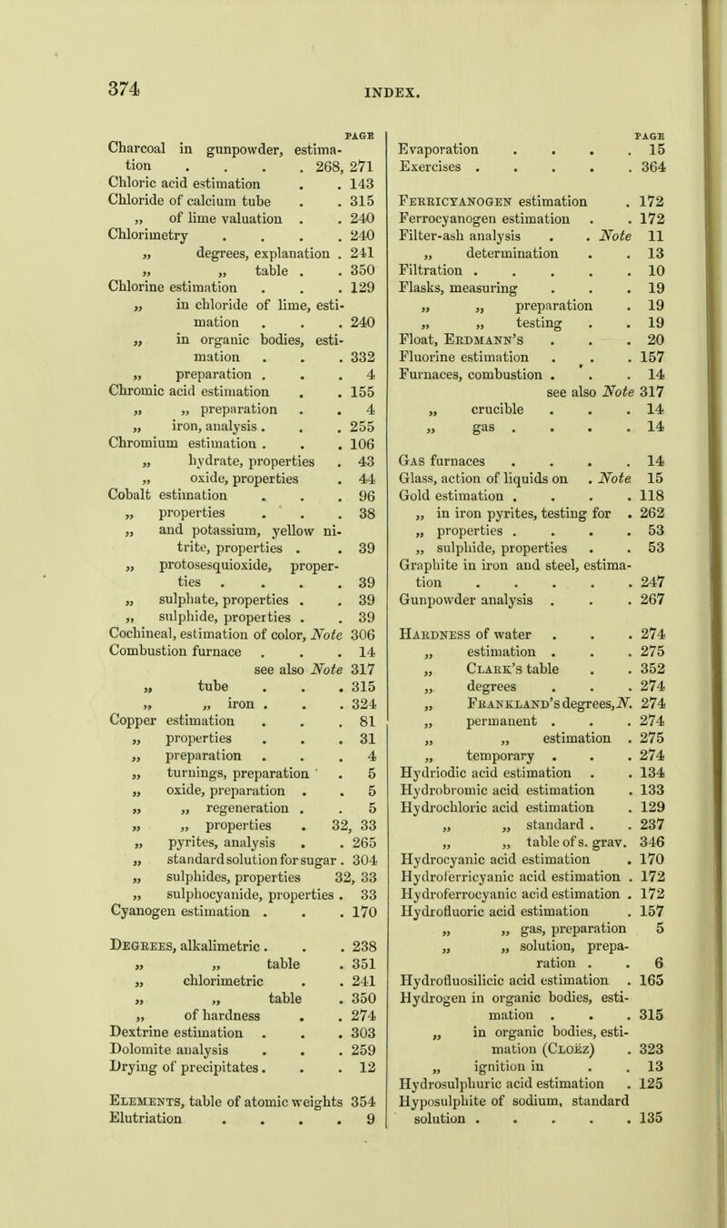Charcoal in gunpowder, estima- PAGE rj vaporation . • • . PAGE xO tion .... 268, 271 H Vtil'C't COG Chloric acid estimation 143 Chloride of calcium tube 315 XI a „ of lime valuation . 240 r prrrtp vn Tino*pn pcf iTTn!ifi(^ii X 1 £l Chlorimetry . . . . 240 11 „ degrees, explanation . 241 ,, UCLCl UiillciLlUll a • 11 xo „ „ table . 350 Filtration . . . . . 10 Chlorine estimation 129 Flasks, measuring 19 „ in chloride of lime, esti- „ „ preparation 19 mation 240 „ „ testing 19 „ in organic bodies, esti- Float, Eedmann's 20 mation 332 Fluorine estimation 157 „ preparation . 4 Furnaces, combustion . 14 Chromic acid estimation 155 see also Note 317 „ „ preparation 4 „ crucible 14 „ iron, analysis . 255 gas . 14 Chromium estimation . 106 ,, hydrate, properties 43 Gas furnaces .... 14 „ oxide, properties 44 Glass, action of liquids on . Note 15 Cobalt estimation 96 Gold estimation .... 118 „ properties 38 „ in iron pyrites, testing for . 262 „ and potassium, yellow ni- „ properties . . . . 53 trite, properties . 39 „ sulphide, properties 53 „ protosesquioxide, proper- Graphite in iron and steel, estima- ties . . . . 39 tion . . . . . 247 „ sulphate, properties . 39 Gunpowder analysis 267 „ sulphide, properties . 39 Cochineal, estimation of color. Note 306 Habdness of water 274 Combustion furnace 14 „ estimation . 275 see also Note 317 „ Clark's table 352 „ tube 315 „ degrees 274 ,> „ iron . 324 „ FKANKLAND'sdegrees,iV. 274 Copper estimation 81 „ permanent . 274 „ properties 31 „ „ estimation . 275 „ preparation 4 „ temporary . 274 „ turnings, preparation ' 5 Hydriodic acid estimation 134 „ oxide, preparation . 5 Hydrobromic acid estimation 133 „ „ regeneration . 5 Hydrochloric acid estimation 129 „ „ properties . 32, 33 ,, ,, standard . 237 „ pyrites, analysis 265 „ ,, table of s. grav. 346 „ standard solution for sugar . 304 Hydrocyanic acid estimation 170 „ sulphides, properties 32, 33 Hydroferricyauic acid estimation . 172 „ sulphocyanide, properties . 33 Hydroferrocyanic acid estimation . 172 Cyanogen estimation . 170 Hydrofluoric acid estimation „ „ gas, preparation 157 5 Degeees, alkalimetric. 238 „ „ solution, prepa- » table 351 ration . 6 J, chlorimetric 241 Hydrofluosilicic acid estimation 165 M 9> table 350 Hydrogen in organic bodies, esti- „ of hardness 274 mation . 315 Dextrine estimation 303 „ in organic bodies, esti- Dolomite analysis 259 mation (Cloez) 323 Drying of precipitates. 12 „ ignition in Hydrosulphuric acid estimation 13 125 Elements, table of atomic weights 354 Hyposulphite of sodium, standard Elutriation . , . . 9 solution . . . . . 135