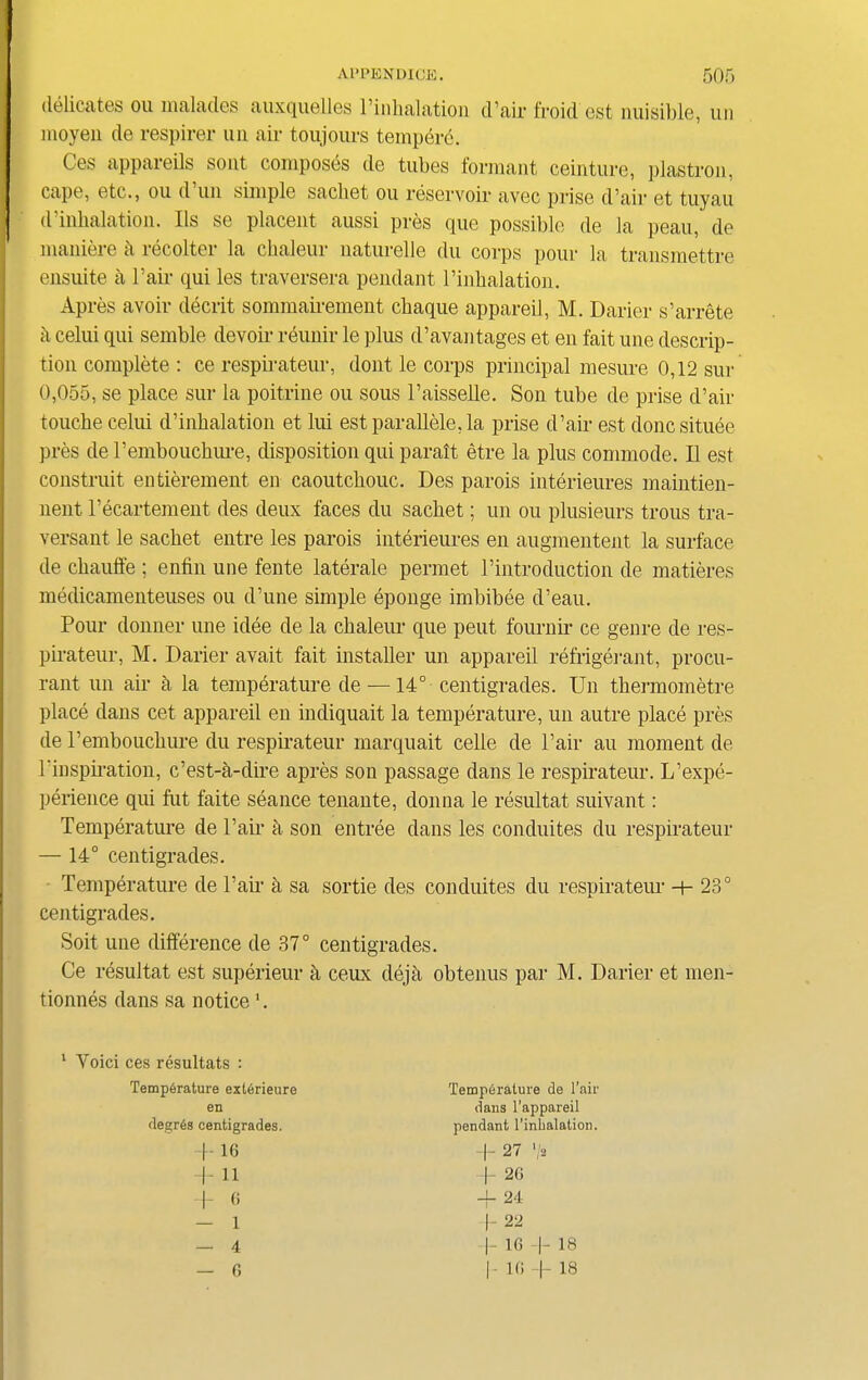 delieates ou malades auxquelles l’inhalation d’air froid est nuisible, un moyen de respirer un air toujours tempere. Ces appareils sont composes de tubes formant ceinture, plastron, cape, etc., ou d un simple sachet ou reservoir avec prise d’air et tuyau d’inhalation. Ils se placent aussi pres que possible de la peau, de maniere a recolter la chaleur naturelle du corps pour la transmettre ensuite a Fair qui les traversera pendant l’inhalation. Apres avoir decrit sommairement chaque appareil, M. Darier s’arrete a celui qui semble devoir reunir le plus d’avantages et en fait une descrip- tion complete : ce respirateur, dont le corps principal mesure 0,12 sur 0,055, se place sur la poitrine ou sous l’aisselle. Son tube de prise d’air touche celui d’inhalation et lui est par allele, la prise d’air est doncsituee pres de l’embouchure, disposition qui paralt etre la plus commode. II est construit entierement en caoutchouc. Des parois interieures maintien- nent l’ecartement des deux faces du sachet; un ou plusieurs trous tra- versant le sachet entre les parois interieures en augmentent la surface de chauffe ; enfin une fente laterale permet l’introduction de matieres medicamenteuses ou d’une simple eponge imbibee d’eau. Pour donner une idee de la chaleur que peut fournir ce genre de res- pirateur, M. Darier avait fait installer un appareil refrigerant, procu- rant un air a la temperature de —14° centigrades. Un thermometre place dans cet appareil en indiquait la temperature, un autre place pres de l’embouchure du respirateur marquait celle de Pair au moment de Pinspiration, c’est-a-dire apres son passage dans le respirateur. L’expe- perience qui fut faite seance tenante, donna le resultat suivant: Temperature de Pair a son entree dans les conduites du respirateur — 14° centigrades. Temperature de Pair a sa sortie des conduites du respirateur 23° centigrades. Soit une difference de 37° centigrades. Ce resultat est superieur k ceux deja obtenus par M. Darier et men- tionnes dans sa notice '. 1 Yoici ces resultats : Temperature ext6rieure en degr6s centigrades. dans l’appareil pendant l’inhalation. 4-16 -I-11 -|- 27 ‘/a |- 2G P (i — 1 — 4 — G 4- 24