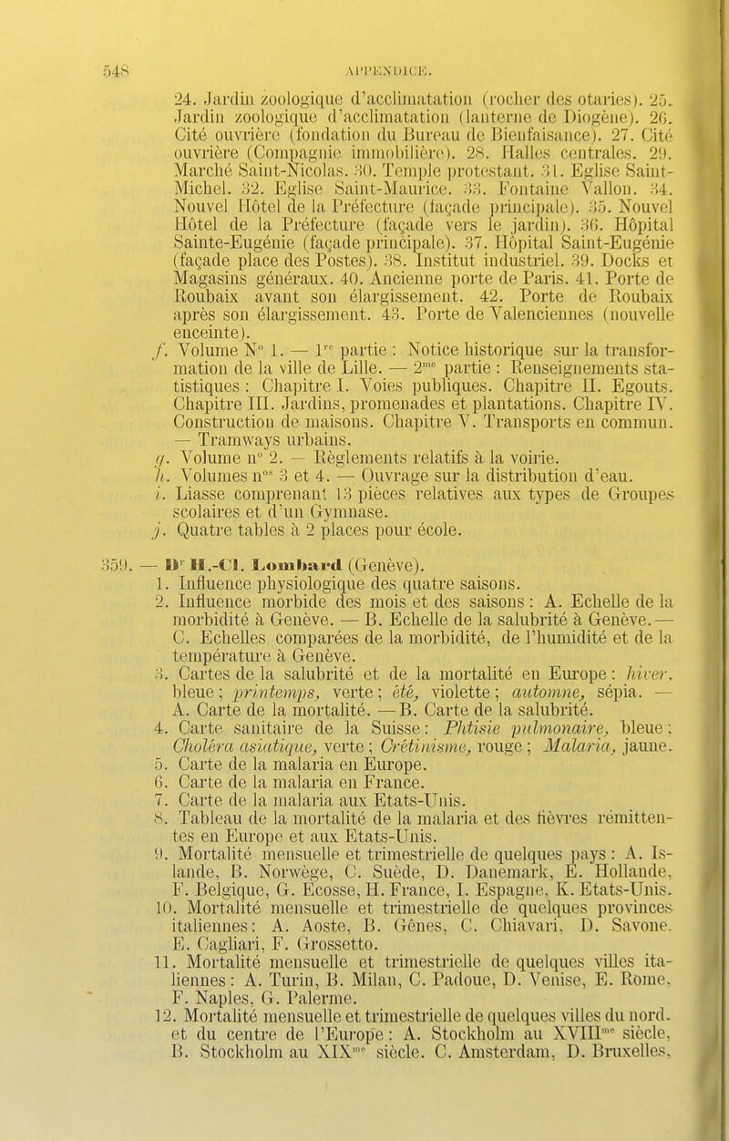 24. Jardin zoologique d’acclimatation (rocher des otaries). 25. .lardin zoologique d’acclimatation (lauterne de Diogene). 20. Cite ouvriere (fondation du Bureau de Bieufaisance). 27. Cite ouvriere (Compagnie immobilifere). 28. Halles centrales. 29. Marche Saint-Nicolas. 20. Temple protestant. 41. Eglise Saint- Michel. 32. Eglise Saint-Maurice. 33. Fontaine Vallon. 34. Nouvel Hotel de la Prefecture (facade principale). 35. Nouvel Hotel de la Prefecture (facade vers le jardin). 36. Hopital Sainte-Eugenie (fagade principale). 37. Hopital Saint-Eugenie (fagade place des Postes). 38. Institut industriel. 39. Docks et Magasins generaux. 40. Ancienne porte de Paris. 41. Porte de Roubaix avant son elargissement. 42. Porte de Roubaix apres son elargissement. 43. Porte de Valenciennes (nouvelle enceinte). /. Volume N° 1. — lrc partie : Notice historique sur la transfor- mation de la ville de Lille. — 2mc partie : Renseignements sta- tistiques : Chapitre I. Voies publiques. Chapitre II. Egouts. Chapitre III. Jardins, promenades et plantations. Chapitre IV. Construction de maisons. Chapitre V. Transports en commun. — Tramways urbains. (j. Volume n° 2. — Reglements relatifs a la voirie. h. Volumes nos 3 et 4. — Ouvrage sur la distribution d’eau. i. Liasse comprenant 13 pieces relatives aux types de Croupes scolaires et d’un Gymnase. j. Quatre tables a 2 places pour ecole. 359. — EC 11.-Cl. Lombard. (Geneve). 1. Influence physiologique des quatre saisons. 2. Influence morbide des mois et des saisons: A. Echelle de la morbidite a Geneve. — B. Echelle de la salubrite h Geneve.— C. Eckelles comparees de la morbidite, de Phumidite et de la temperature a Geneve. 3. Cartes de la salubrite et de la mortalite eu Europe: hirer. bleue; printemps, verte; ete, violette; automne, sepia. — A. Carte de la mortalite. —B. Carte de la salubrite. 4. Carte sanitaire de la Suisse: Phtisie pulmonaire, bleue; Cholera asiatique, verte ; Cretinisme, rouge; Malaria, jaune. 5. Carte de la malaria en Europe. 6. Carte de la malaria en France. 7. Carte de la malaria aux Etats-Unis. 8. Tableau de la mortalite de la malaria et des tievres remitten- tes en Europe et aux Etats-Unis. 9. Mortalite mensuelle et trimestrielle de quelques pays : A. Is- lande, B. Norwege, C. Suede, D. Danemark, E. Hollaude. F. Belgique, G. Ecosse, H. France, I. Espagne, K. Etats-Unis. K). Mortalite mensuelle et trimestrielle de quelques provinces italiennes: A. Aoste, B. Genes, C. Chiavari, D. Savone. E. Cagliari, F. Grossetto. 11. Mortalite mensuelle et trimestrielle de quelques villes ita- liennes: A. Turin, B. Milan, C. Padoue, D. Venise, E. Rome. F. Naples, G. Palerme. 12. Mortalite mensuelle et trimestrielle de quelques villes du nord. et du centre de 1’Europe: A. Stockholm au XVIII10 siecle, IL Stockholm au XIX' siecle. C. Amsterdam, D. Bruxelles.
