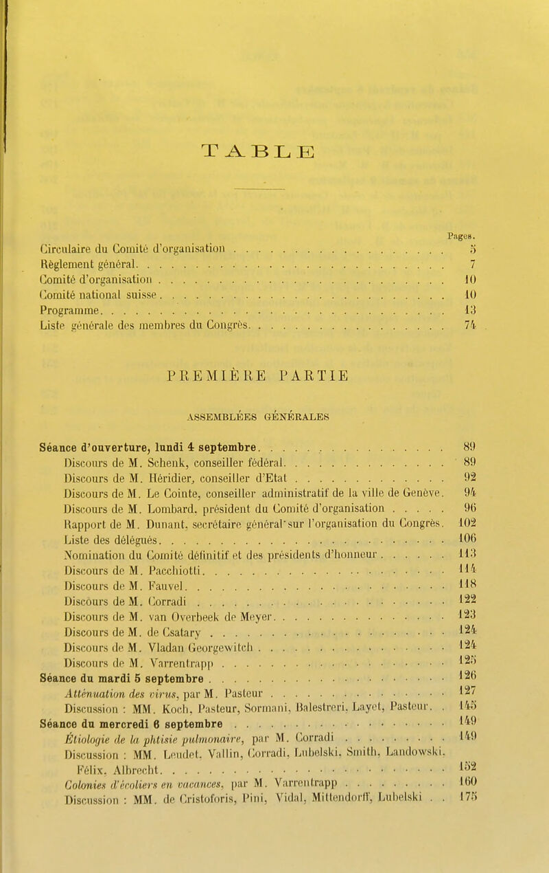 TABLE Pages. Circulaire du Comite d’organisation 5 Rbglement g6n6ral 7 Comity d’organisation 10 Comite national suisse . . . 10 Programme 13 Liste generale des membres du Congrbs 74 PREMIERE PARTIE ASSEMBLERS GENERALES Seance d’ouverture, lundi i septembre 89 Discours de M. Schenk, conseiller federal 89 Discours de M. Hbridier, conseiller d’Etat 92 Discours de M. Le Cointe, conseiller administrate de la ville de Geneve. 94 Discours de M. Lombard, president du Comite d’organisation 90 Rapport de M. Dunant, secretaire general'sur 1’organisation du Congres. 102 Liste des dbtegues 106 Nomination du Comite dblinitif et des presidents d’honneur 113 Discours de M. Paceliiotti Hi Discours de M. Fauvel Discours de M. Corradi 122 Discours de M. van Overbeek de Meyer 123 Discours de M. de Csatary 124 Discours de M. Vladan Georgewitch 124 Discours de M. Yarrentrapp 125 Seance du mardi 5 septembre *20 Attenuation des virus, par M. Pasteur 127 Discussion : MM. Koch, Pasteur, Sonnani, Balestreri, Layet, Pasteur. . 145 Seance du mercredi 6 septembre 149 Etiologie de la phtisie p-ulmonaire, par M. Corradi 149 Discussion : MM. Leudet. Vallin, Corradi, Lubelski, Smith, Landowski, F6lix, Albrecht *52 Colonies d’ecoliers en vueances, par M. Varrentrapp 100 Discussion : MM. de Cristoforis, Pini, Vidal, Mittendorff, Lubelski . . 175