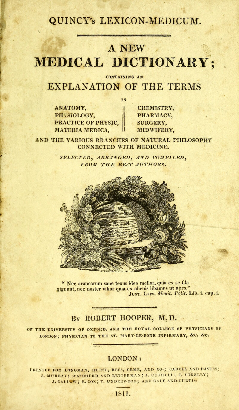 QUINCY’s LEXICON-MEDICUM A NEW MEDICAL DICTIONARY; CONTAINING AN EXPLANATION OF THE TERMS IN ANATOMY, | PHYSIOLOGY, PRACTICE OF PHYSIC, MATERIA MEDICA, I CHEMISTRY, PHARMACY, SURGERY, MIDWIFERY, AND THE VARIOUS BRANCHES OF NATURAL PHILOSOPHY CONNECTED WITH MEDICINE. SELECTED, ARRANGED, AND COMPILED, FROM THE REST AUTHORS. gignunt, nec nosier vinor quia ex auems hummus m Just. Lips. Monit. Polit, Bv ROBERT HOOPER, M, D. OF THE UNIVERSITY OF OXFORD, AND THE ROYAL COLLEGE OF PHYSICIANS -OF LONDON; PHYSICIAN TO THE ST. MARY-LE-BONE INFIRMARY, <&C. &C. LONDON: PRINTED FOR LONGMAN, HURST, REES, ORME, AND CO»; CARELL AND DAVIES; J. MURRAY; SCATCHEItD AND LETT Ell MAN ; .T. CUTHELLJ J. HIGHLEY; J. CALLOW; E. COX ; T. UNDERWOOD; AND GALE AND CURTIS. 1811.