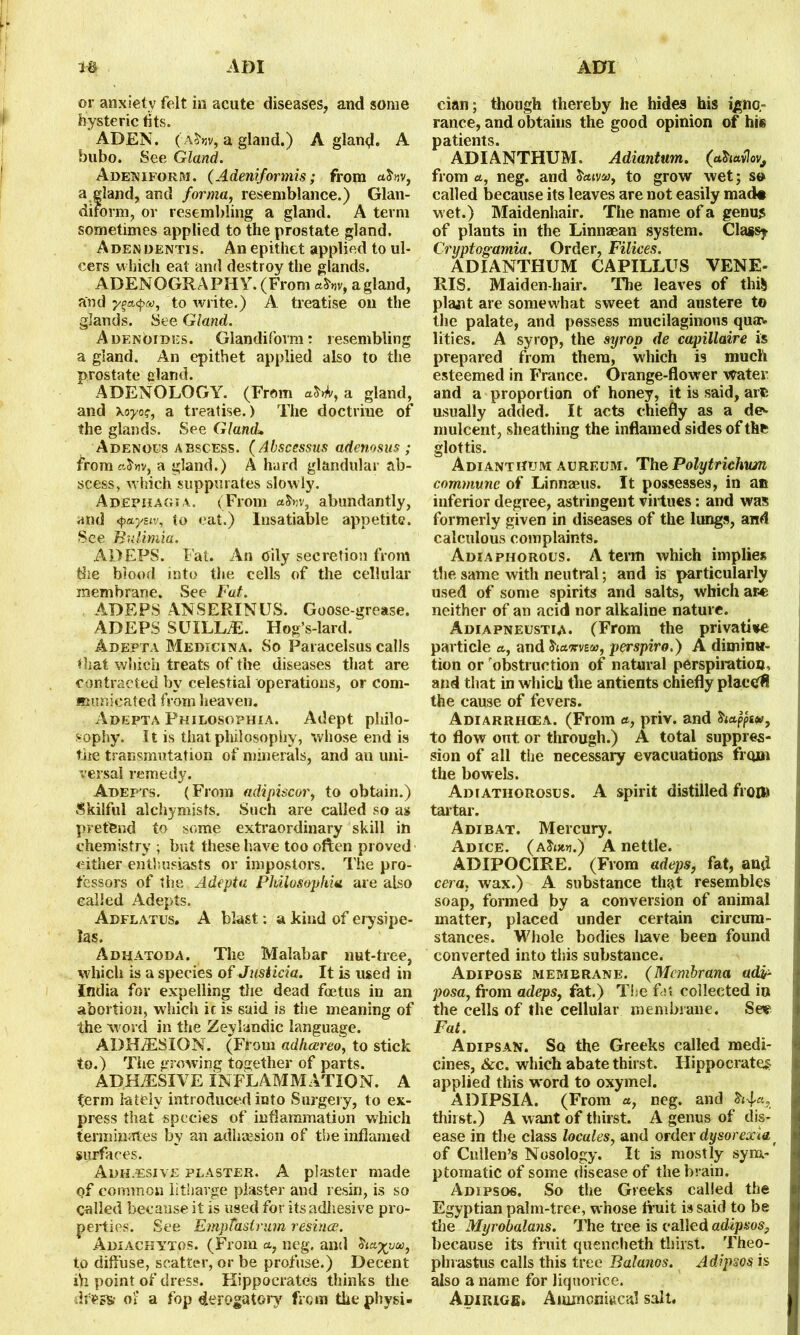 Am or anxiety felt in acute diseases, and some hysteric fits. ADEN. (aS'mv, a gland.) A gland. A bubo. See Gland. Adeniform. (Adeniformis; from cthv, a gland, and forma, resemblance.) Glan- diform, or resembling a gland. A term sometimes applied to the prostate gland. Adendentis. An epithet applied to ul- cers which eat and destroy the glands. ADENOGRAPHY. (From a gland, and ygcMpM, to write.) A treatise on the glands. See Gland. Adenoibes. Glandiform: resembling a gland. An epithet applied also to the ©restate gland. ADENOLOGY. (From aU, a gland, and xoyo?, a treatise.) The doctrine of the glands. See Gland* Adenous abscess. (Abscessus adenosus ; from ftS'wv, a gland.) A hard glandular ab- scess, which suppurates slowly. Adephagia. (From a£»v, abundantly, and <f>aysiv, to eat.) Insatiable appetite. See Bulimia. AD EPS. Fat. An Oily secretion from the blood into the cells of the cellular membrane. See Fat. ADEPS ANSERINUS. Goose-grease. AD EPS SUILL/E. Hog’s-lard. Adepta Medicina. So Paracelsus calls that which treats of the diseases that are contracted by celestial operations, or com- municated from heaven. Adepta Philosophia. Adept philo- sophy. It is that philosophy, whose end is the transmutation of minerals, and an uni- versal remedy. Adepts. (From adipiscor, to obtain.) Skilful alchymists. Such are called so as pretend to some extraordinary skill in chemistry ; but these have too often proved either enthusiasts or impostors. The pro- fessors of the Adepta Philosophia are also called Adepts. Adflatus. A blast: a kind of erysipe- las. Adhatoda. The Malabar nut-tree, which is a species of Justicia. It is used in India for expelling the dead foetus in an abortion, which if is said is the meaning of the word in the Zeylandic language. ADHdESXON. (From adhccreo, to stick to.) The growing together of parts. ADHESIVE INFLAMMATION. A term lately introduced into Surgery, to ex- press that species of inflammation which terminates by an adheesion of the inflamed surfaces. Adhesive plaster. A plaster made of common litharge piaster and resin, is so Called because it is used for its adhesive pro- perties. See EmpTaslrum resince. Adiachytos. (From a, neg. and ha^va, to diffuse, scatter, or be profuse.) Decent ih point of dress. Hippocrates thinks the dfess.- of a fop derogatory' from the physi- ADI cian; though thereby he hides his igno- rance, and obtains the good opinion of hi« patients. ADIANTHUM. Adiantum. (afoavl ov, from a, neg. and freuva, to grow wet; so called because its leaves are not easily made wet.) Maidenhair. The name of a genus of plants in the Linnaean system. Cla§sy Cryptogamia. Order, Filices. ADIANTHUM CAPILLUS VENE- RIS. Maiden hair. The leaves of this plant are somewhat sweet and austere to the palate, and possess mucilaginous qua> lities. A syrop, the syrop de capillaire is prepared from them, which is much esteemed in France. Orange-flower water and a proportion of honey, it is said, ar© usually added. It acts chiefly as a de^ mulcent, sheathing the inflamed sides of the glottis. Adi ant hum aureum. The Polytrichnm commune of Linneeus. It possesses, in an inferior degree, astringent virtues: and was formerly given in diseases of the lungs, and calculous complaints. Adiaphorous. A term which implies the same with neutral; and is particularly used of some spirits and salts, which are neither of an acid nor alkaline nature. Adiapneustia. (From the privative particle a,, and hawnu, perspiro.) A diminu- tion or obstruction of natural perspiration, and that in which the antients chiefly plaetffl the cause of fevers. Adiarrhcea. (From a, priv. and to flow out or through.) A total suppres- sion of all the necessary evacuations from the bowels. Adiatiiorosus. A spirit distilled from tartar. Adibat. Mercury. Adice. (a&j«.) A nettle. ADIPOCIRE. (From adeps, fat, and cera, wax.) A substance that resembles soap, formed by a conversion of animal matter, placed under certain circum- stances. Whole bodies liave been found converted into this substance. Adipose memerane. (Mcmbrana add/- posa, from adeps, fat.) The fit collected in the cells of the cellular membrane. Sev1 Fat. Adipsan. Sq the Greeks called medi- cines, &c. which abate thirst. Hippocrates applied this word to oxymel. ADIPSIA. (From a, neg. and thirst.) A want of thirst. A genus of dis- ease in the class locales, and order dysor ex ia of Cullen’s Nosology. It is mostly sym- ptomatic of some disease of the brain. Adipsos. So the Greeks called the Egyptian palm-tree, whose fruit is said to be the Myrobalans. The tree is called adipsos, because its fruit quencheth thirst. Theo- phrastus calls this tree Balanos. Adipsos is also a name for liquorice. ApiRiGfi* Ammcnifecal salt.