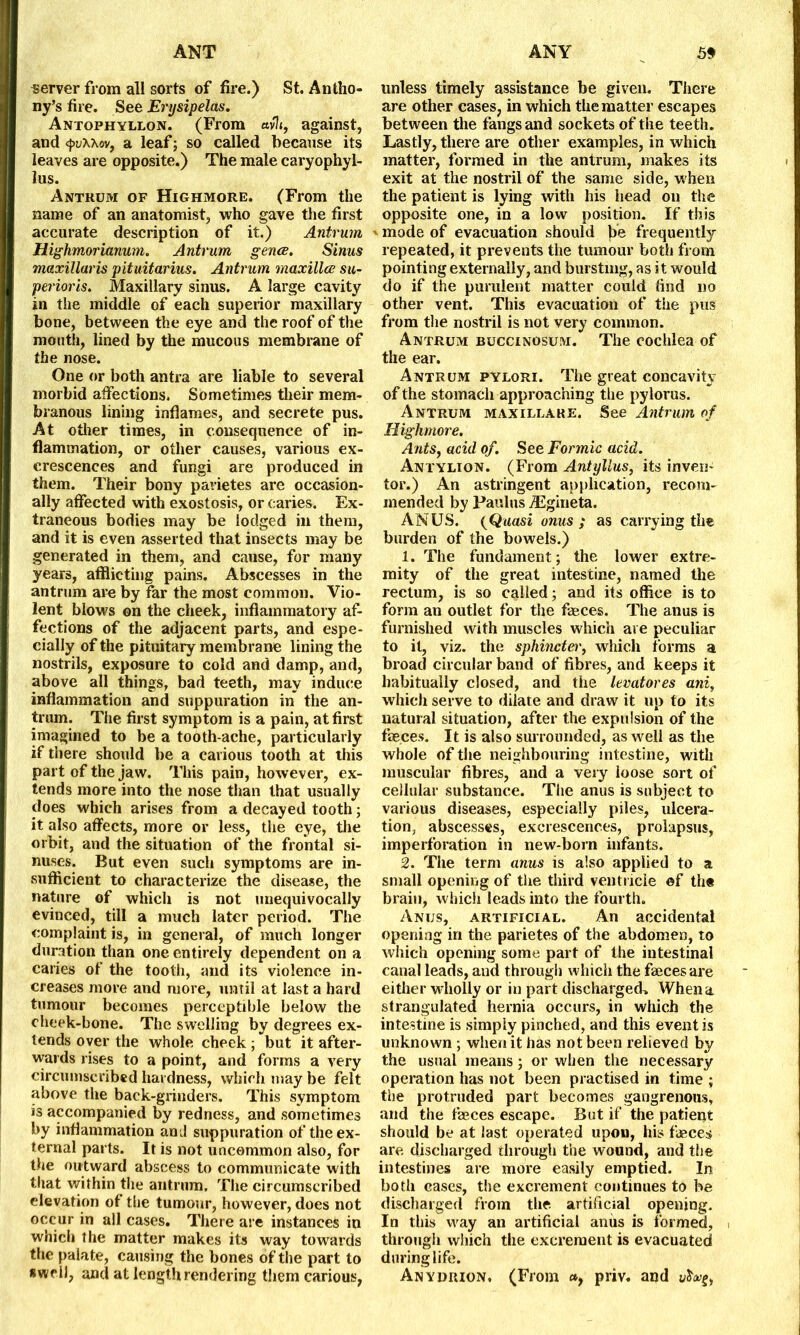 server from all sorts of fire.) St. Antho- ny’s fire. See Erysipelas. Antophyllon. (From «vh, against, and cj>uaxoVj a leaf; so called because its leaves are opposite.) The male caryophyl- lus. Antrum of Highmore. (From the name of an anatomist, who gave the first accurate description of it.) Antrum Highmorianum. Antrum gence. Sinus maxillaris pituitarius. Antrum maxillce su- perioris. Maxillary sinus. A large cavity in the middle of each superior maxillary bone, between the eye and the roof of the mouth, lined by the mucous membrane of the nose. One or both antra are liable to several morbid affections. Sometimes their mem- branous lining inflames, and secrete pus. At other times, in consequence of in- flammation, or other causes, various ex- crescences and fungi are produced in them. Their bony pavietes are occasion- ally affected with exostosis, or caries. Ex- traneous bodies may be lodged in them, and it is even asserted that insects may be generated in them, and cause, for many years, afflicting pains. Abscesses in the antrum are by far the most common. Vio- lent blows on the cheek, inflammatory af- fections of the adjacent parts, and espe- cially of the pituitary membrane lining the nostrils, exposure to cold and damp, and, above all things, bad teeth, may induce inflammation and suppuration in the an- trum. The first symptom is a pain, at first imagined to be a tooth ache, particularly if there should be a carious tooth at this part of the jaw. This pain, however, ex- tends more into the nose than that usually does which arises from a decayed tooth; it also affects, more or less, the eye, the orbit, and the situation of the frontal si- nuses. But even such symptoms are in- sufficient to characterize the disease, the nature of which is not unequivocally evinced, till a much later period. The complaint is, in general, of much longer duration than one entirely dependent on a caries of the tooth, and its violence in- creases more and more, until at last a hard tumour becomes perceptible below the cheek-bone. The swelling by degrees ex- tends over the whole cheek; but it after- wards rises to a point, and forms a very circumscribed hardness, which may be felt above the back-grinders. This symptom is accompanied by redness, and sometimes by inflammation and suppuration of the ex- ternal parts. It is not uncommon also, for the outward abscess to communicate with that within the antrum. The circumscribed elevation of the tumour, however, does not occur in all cases. There are instances in which the matter makes its way towards the palate, causing the bones of the part to swell, and at length rendering them carious, unless timely assistance be given. There are other cases, in which the matter escapes between the fangs and sockets of the teeth. Lastly, there are other examples, in which matter, formed in the antrum, makes its exit at the nostril of the same side, when the patient is lying with his head on the opposite one, in a low position. If this mode of evacuation should frequently repeated, it prevents the tumour both from pointing externally, and bursting, as it would do if the purulent matter could find no other vent. This evacuation of the pus from the nostril is not very common. Antrum buccinosum. The cochlea of the ear. Antrum pylori. The great concavity of the stomach approaching the pylorus. Antrum maxillare. See Antrum of Highmore. Ants, acid of. See Formic acid. Antylion. (From Antyllus, its inven- tor.) An astringent application, recom- mended by Paulus /Egineta. ANUS. (Quasi onus ; as carrying the burden of the bowels.) 1. The fundament; the lower extre- mity of the great intestine, named the rectum, is so called; and its office is to form an outlet for the fieces. The anus is furnished with muscles which are peculiar to it, viz. the sphincter, which forms a broad circular band of fibres, and keeps it habitually closed, and the levatores ani, which serve to dilate and draw it up to its natural situation, after the expulsion of the feces. It is also surrounded, as well as the whole of the neighbouring intestine, with muscular fibres, and a very loose sort of cellular substance. The anus is subject to various diseases, especially piles, ulcera- tion, abscesses, excrescences, prolapsus, imperforation in new-born infants. 2. The term anus is also applied to a small opening of the third ventricle ©f the brain, which leads into the fourth. Anus, artificial. An accidental opening in the parietes of the abdomen, to which opening some part of the intestinal canal leads, and through which the feces are either wholly or in part discharged. When a strangulated hernia occurs, in which the intestine is simply pinched, and this event is unknown ; when it has not been relieved by the usual means; or when the necessary operation has not been practised in time ; the protruded part becomes gangrenous, and the feces escape. But if the patient should be at last operated upon, his feces are discharged through the wound, and the intestines are more easily emptied. In both eases, the excrement continues to be discharged from the artificial opening. In this way an artificial anus is formed, through which the excrement is evacuated during life. Anydrion. (From », priv. and