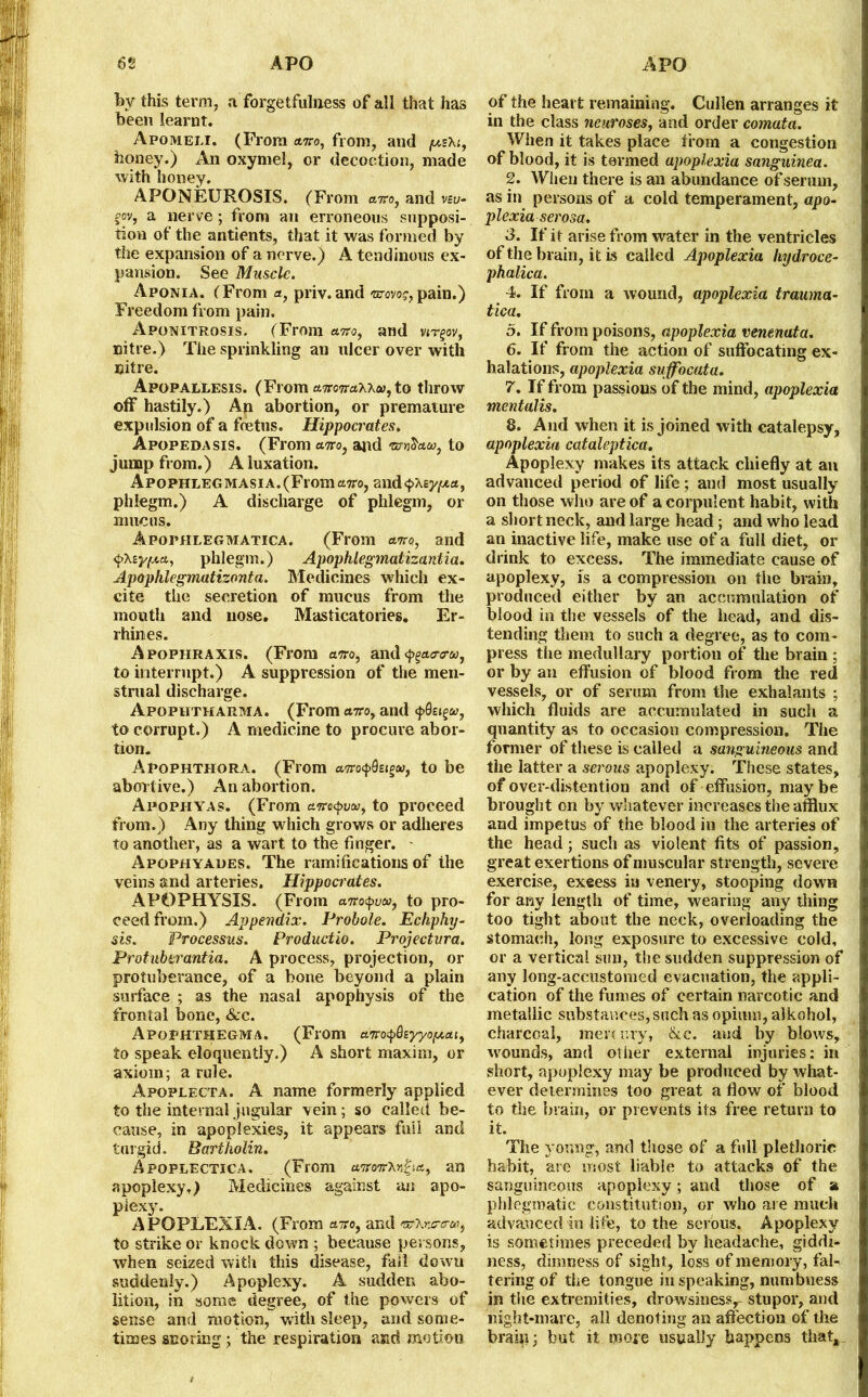 by this term, a forgetfulness of all that has been learnt. Apomeli. (From am, from, and ptsXt, honey.) An oxymel, or decoction, made with honey. APONEUROSIS. (From am, and vsu- fov, a nerve; from an erroneous supposi- tion of the antients, that it was formed by the expansion of a nerve.) A tendinous ex- pansion. See Muscle. Aponia. (From a, priv.and -nrovo?,pain.) Freedom from pain. Aponitrosis. (From am, and vir^ov, nitre.) The sprinkling an ulcer over with nitre. Apopallesis. (From ct7ro7raxxa;,to throw off hastily.) An abortion, or premature expulsion of a foetus. Hippocrates. Apopedasis. (From am, and wnbaa;, to jump from.) A luxation. ApoPHLEGMASiA.(Fromct7ro, and^xey^a, phlegm.) A discharge of phlegm, or mucus. Apophlegmatica. (From am, and <j>Xa phlegm.) Apophlegmatizantia. Apophlegmatizonta. Medicines which ex- cite the secretion of mucus from the mouth and nose. Masticatories. Er- rhimes. Apophraxis. (From am, and^aa-a-u, to interrupt.) A suppression of the men- strual discharge. Apophtharma. (From am, and to corrupt.) A medicine to procure abor- tion. Apophthora. (From am^Q^u, to be abortive.) An abortion. Apophyas. (From am<pvu, to proceed from.) Any thing which grows or adheres to another, as a wart to the finger. - Apophyades. The ramifications of the veins and arteries. Hippocrates. APOPHYSIS. (From am^uw, to pro- ceed from.) Appendix. Probole. Echphy- sis. Processus. Productio. Projectura. Protuberantia. A process, projection, or protuberance, of a bone beyond a plain surface ; as the nasal apophysis of the frontal bone, &c. Apophthegms. (From am$Qzyyo/*at, to speak eloquently.) A short maxim, or axiom; a rule. Apoplecta. A name formerly applied to the internal jugular vein; so called be- cause, in apoplexies, it appears full and turgid. Bartholin. Apoplectica. (From a'itm\rfc\&, an apoplexy.) Medicines against an apo- plexy. APOPLEXIA. (From am, and 'srXns-cru), to strike or knock down ; because persons, when seized with this disease, fall down suddenly.) Apoplexy. A sudden abo- lition, in some degree, of the powers of sense and motion, with sleep, and some- times snoring; the respiration and motion of the heart remaining. Cullen arranges it in the class neuroses, and order comata. When it takes place from a congestion of blood, it is termed apoplexia sanguinea. 2. When there is an abundance of serum, as in persons of a cold temperament, apo- plexia serosa. 3. If it arise from water in the ventricles of the brain, it is called Apoplexia hydroce- phalica. 4. If from a wound, apoplexia trauma- tica. 5. If from poisons, apoplexia venenata. 6. If from the action of suffocating ex- halations, apoplexia suffocata. 7. If from passious of the mind, apoplexia mentalis. 8. And when it is joined with catalepsy, apoplexia cataleptica. Apoplexy makes its attack chiefly at an advanced period of life; and most usually on those who are of a corpulent habit, with a short neck, and large head; and who lead an inactive life, make use of a full diet, or drink to excess. The immediate cause of apoplexy, is a compression on tiie brain, produced either by an accumulation of blood in the vessels of the head, and dis- tending them to such a degree, as to com- press the medullary portiou of the brain ; or by an effusion of blood from the red vessels, or of serum from the exhalants ; which fluids are accumulated in such a quantity as to occasion compression. The former of these is called a sanguineous and the latter a serous apoplexy. These states, of over-distention and of effusion, may be brought on by whatever increases the afflux and impetus of the blood in the arteries of the head; such as violent fits of passion, great exertions of muscular strength, severe exercise, exeess in venery, stooping down for any length of time, wearing any thing too tight about the neck, overloading the stomach, long exposure to excessive cold, or a vertical sun, the sudden suppression of any long-accustomed evacuation, the appli- cation of the fumes of certain narcotic and metallic substances, such as opium, alkohol, charcoal, mercury, &c. and by blows, wounds, and other external injuries: in short, apoplexy may be produced by what- ever determines too great a flow of blood to the brain, or prevents its free return to it. The young, and those of a full plethoric habit, are most liable to attacks of the sanguineous apoplexy; and those of a phlegmatic constitution, or who are much advauced in life, to the serous. Apoplexy is sometimes preceded by headache, giddi- ness, dimness of sight, loss of memory, fal- tering of the tongue in speaking, numbness in the extremities, drowsiness,- stupor, and night-mare, all denoting an affection of the bralp; but it wore usually happens that.