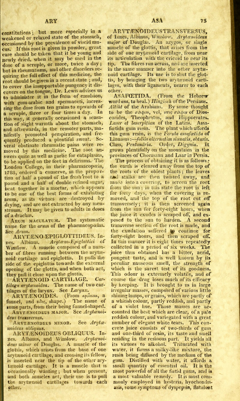 constitutions ; but more especially m a weakened or relaxed state of the stomach, occasioned by the prevalence of viscid mu- cus. If this root is given in powder, great care should be taken that it be young and newly dried, when it may be used in the dose of a scruple, or more, twice a day; but in rheumatisms, and other disorders re- quiring the full effect of this medicine, the root should be given in a recent state ; and, to cover the insupportable pungency it dis- covers on the tongue, Dr. Lewis advises us to administer it in the form of emulsion, with gum-arabic and spermaceti, increa- sing the dose from ten grains to upwards of a scruple, three or four times a day. In this way, it generally occasioned a sensa- tion of slight warmth about the stomach, and afterwards, in the remoter parts, ma- nifestly promoted perspiration, and fre- quently produced a plentiful sweat. Se- veral obstinate rheumatic pains were re- moved by this medicine. The loot an- swers quite as well as garlic for cataplasms, to be applied on the feet in deliriums. The London College, in their pharmacopoeia, 1788, ordered a conserve, in the propor- tion of half a pound of the fresh root to a pound and a half of double refined sugar, beat together in a mortar, winch appears to be one of the best forms of exhibiting arum, as its virtues are-destroyed by i drying, and are not extracted by any men- struum. It may be given to adults in doses ! of a drachm. Arum maculatum. The systematic name for the arum of the pharmacopoeias. See Arum. ARYTjENO-EPIGLOTTIDEUS. Li- nes. Albinos.. Arytano-Epiglottici of Winslow. A muscle composed of a mira- i ber of fibres running between the arytae- i noid cartilage and epiglottis. It pulls the side of the epiglottis towards the external opening of the glottis, and when both act, i they pull it close upon the glottis. ARYT7ENOID CARTILAGE. Car- tilago aryteenoidea. The name of two car- tilages of the larynx. See Larynx. ARYLENOIDES. (From apuW, a funnel, and shape.) The name of some parts, from their being funnel-shaped. Aryt^enoideus major. See Arytoenoi- dens transversus. Aryt^enoideus minor. See Arytce* noideus obliquus. ARYX/ENOIDEUS OBLIQUUS. Li- nes. Albinas, and Winslow. Arytcenoi- deus minor of Douglas. A muscle of the glottis, which arises from the base of one arytenoid cartilage, and crossing its fellow, is inserted near the tip of the other ary- taenoid cartilage. It is a muscle that is occasionally Wanting; but when present, and both muscles act, their use is to pull the arytenoid cartilages towards each other. A RYTJENOIDEUS TRANS'VERSUS, of Lines, Albinas) Winslow. Arytamoidem major of Douglas. An azygos, or single muscle of the glottis, that arises from the side of one arytenoid cartilage, from near its articulation with the cricoid to near its tip. The fibres run across, and are inserted in the same manner into the other aryte- noid cartilage. Its use is to shut the glot- tis, by bringing the two arytenoid carti- lages, with their ligaments, nearer to each other. ASAFCETIDA. (From the Hebrew word asa, to heal.) Hingiseh of the Persians. Altiht of the Arabians. By some thought to be the aiXcfnov, vel, otto? of Dios- corides, Theophratus, and Hippocrates, Laser et laserpitian of the Latins. Assa- foetida gum resin. The plant which affords this gum resin, is the Ferula assafeetida of Linngeus:—-foliis aliernatim sinuaiis, ohtusis. Class, Pentandria. Order, Digynia. It grows plentifully on the mountains in the provinces-of Chorasaan and Laar in Persia. Ths process of obtaining it is as follows r the earth is cleared away from the top of the roots of the oldest plants; the leaves aa*l stalks are then twisted away, and made into a covering, to screen the root from the sun ; in this state the root is left for forty clays, when the covering is re- moved, and the top of the root cut otf transversely; it is then screened again from the sun for forty-eight hours, when, the juice it exudes is scraped off, and ex- posed to the sun to harden. A second transverse section of the root is made, and the exudation suffered %) continue for forty-eight hours, and then scraped off. In this manner it is eight times repeatedly collected in a period of six weeks. The juice thus obtained has a bitter, acrid, pungent taste, and is well known by its peculiar nauseous smell, the strength of which is the surest test of its goodness. This odour is extremely volatile, and of course the drug loses much of its efficacy by keeping. It is brought to us in large irregular masses, composed of various little shining lumps, or grains, which are partly of a whitish colour, partly reddish, and partly of a violet hue. Those masses are ac- counted the best which are clear, of a pale reddish colour, aud variegated with a great number of elegant white tears. This con- crete juice consists of two-thirds of gum and one-third of resin, its taste and smell residing in the resinous part. It yields all its virtues to alkohol. Triturated with water, it forms a milky-like mixture, the resin being diffused by the medium of the gum. Distilled with water, it affords a small quantity of essential oil. It is the most powerful of all the ftetid gums, and it a most valuable remedy. It is most com- monly employed in hysteria, hyochondri- asis, some symptoms of dyspepsia, flatulent
