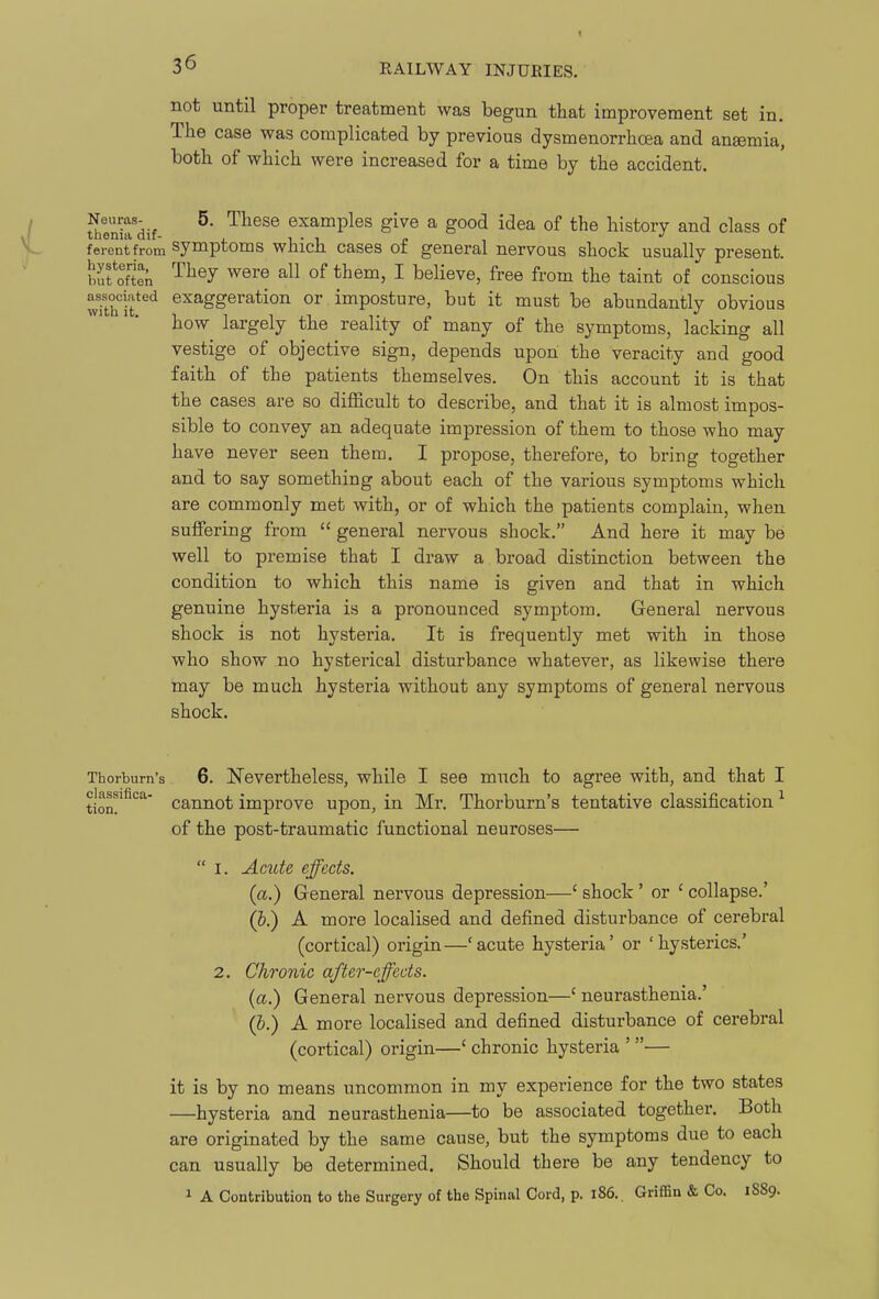 not until proper treatment was begun that improvement set in. The case was complicated by previous dysmenorrhoea and anaemia, both of which were increased for a time by the accident. Neuras- 5. These examples give a good idea of the history and class of ferentfrom symptoms which cases ot general nervous shock usually present, bufoflen ^^^y w®^^ I believe, free from the taint of conscious associated exaggeration or imposture, but it must be abundantly obvious witu It. ^ ^ 1 j_T T f* how largely the reality of many of the symptoms, lacking all vestige of objective sign, depends upon the veracity and good faith of the patients themselves. On this account it is that the cases are so difficult to describe, and that it is almost impos- sible to convey an adequate impression of them to those who may have never seen them. I propose, therefore, to bring together and to say something about each of the various symptoms which are commonly met with, or of which the patients complain, when suffering from  general nervous shock. And here it may be well to premise that I draw a broad distinction between the condition to which this name is given and that in which genuine hysteria is a pronounced symptom. General nervous shock is not hysteria. It is frequently met with in those who show no hysterical disturbance whatever, as likewise there may be much hysteria without any symptoms of general nervous shock. Thorburn's 6. Nevertheless, while I see much to agree with, and that I tion!'^°'^ cannot improve upon, in Mr. Thorburn's tentative classification ^ of the post-traumatic functional neuroses—  I. Acute effects. (a.) General nervous depression—' shock' or ' collapse.' (b.) A more localised and defined disturbance of cerebral (cortical) origin—'acute hysteria' or 'hysterics.' 2. Chronic after-effects. (a.) General nervous depression—' neurasthenia.' (&.) A more localised and defined disturbance of cerebral (cortical) origin—' chronic hysteria ' —• it is by no means uncommon in my experience for the two states —hysteria and neurasthenia—to be associated together. Both are originated by the same cause, but the symptoms due to each can usually be determined. Should there be any tendency to 1 A Contribution to the Surgery of the Spinal Cord, p. i86. Griffin & Co. 1SS9.