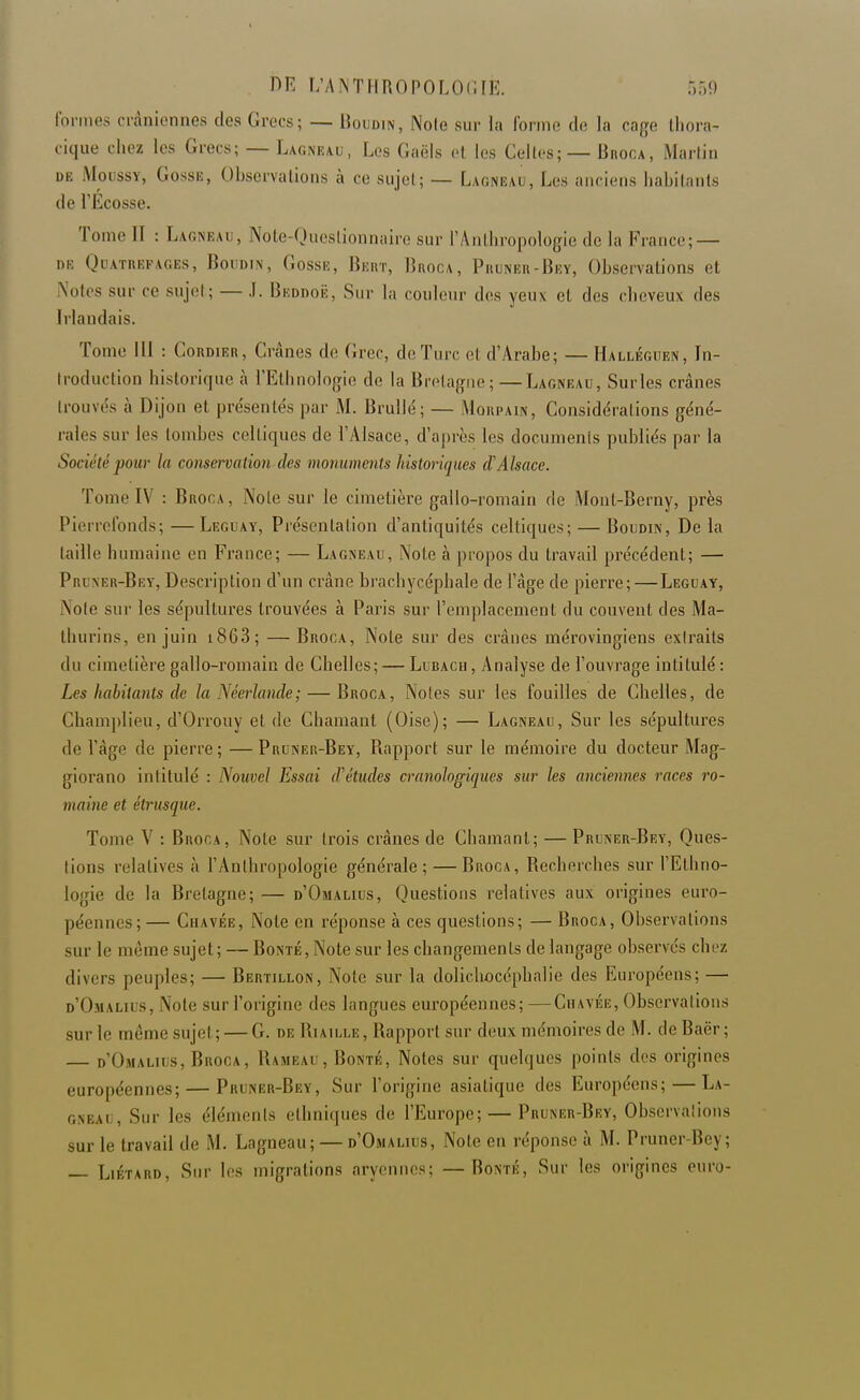 loiiHPs crànionnes des Grecs; — Boudin, Noie sur la forme de la cage ihora- ciqiie chez les Grecs; — Lagneau, Les Gaëls cl les Celles; — Broca, Marlin DE iMoussY, Gossiî, Observalions à co sujel; — Lagneau, Les anciens liabilaiits de l'Ecosse. Tome II : Lagneau, Note-Queslionnaire sur l'Anlhropologie de la France; — DE Qcatrefages, Boddin, Gosse, Bert, Biioca, Pruner-Bey, Observations et Notes sur ce sujel; — .1. BuddoIî, Sur la couleur des yeux et des cheveux des Irlandais. Tome 111 : Cordier, Crânes de Grec, de Turc et d'Arabe; — Halléguen, In- Iroduclion historique à l'Ethnologie de la Bretagne; —Lagneau, Surles crânes trouvés à Dijon et présentés par M. Brullé; — Morpain, Considérations géné- rales sur les lombes celtiques de l'Alsace, d'après les documents publiés par la Société pour la conservation des monuments historiques d'Alsace. Tome IV : Broca, Noie sur le cimetière gallo-romain rie Mont-Berny, près Piorrelbnds; —Leguay, Présentation d'antiquités celtiques; — Boudin, De ia taille humaine en France; — Lagneau, Note à propos du travail précédent; — Pruner-Bey, Description d'un crâne brachycéphale de l'âge de pierre; — Leguay, Noie sur les sépultures trouvées à Paris sur l'emplacement du couvent des Ma- ihurins, en juin i863; — Broca, Note sur des crânes mérovingiens exiraits du cimetière gallo-romain de Chelles; — Lubach, Analyse de l'ouvrage intitulé: Les habitants de la Néerlande; — Broca, Notes sur les fouilles de Chelles, de Champlieu, d'Orrouy et de Chamant (Oise); — Lagneau, Sur les sépultures de l'âge de pierre ; — Pruner-Bey, Bapport sur le mémoire du docteur Mag- giorano intitulé : Nouvel Essai d'études crnnohgiques sur les anciennes races ro- maine et étrusque. Tome V : Broca, Note sur trois crânes de Chamant; — Pruner-Bey, Ques- lions relatives à l'Anthropologie générale ; — Broca, Recherches sur l'Ethno- logie de la Bretagne; — d'Omalius, Questions relatives aux origines euro- péennes;— Chavée, Note en réponse à ces questions; — Broca, Observalions sur le même sujet; — Bonté, Note sur les changements de langage observés chez divers peuples; — Bertillon, Note sur la dolichocéphnlie des Européens; — d'Omalius, Noie sur l'origine des langues européennes; —Chavée, Observalions sur le même sujet; — G. de Ri aille , Rapport sur deux mémoires de M. de Baër ; — d'Omalius, Broca, Rameau, Bonté, Notes sur quelques points des origines européennes; — Pruner-Bey, Sur l'origine asiatique des Européens; — La- gneau, Sur les éléments ethniques de l'Europe; — Pruner-Bey, Observalions sur le travail de M. Lagneau; — d'Omalius, Note en réponse à M. Pruner-Bey; — Liétard, Sur les migrations aryennes; —Bonté, Sur les origines euro-