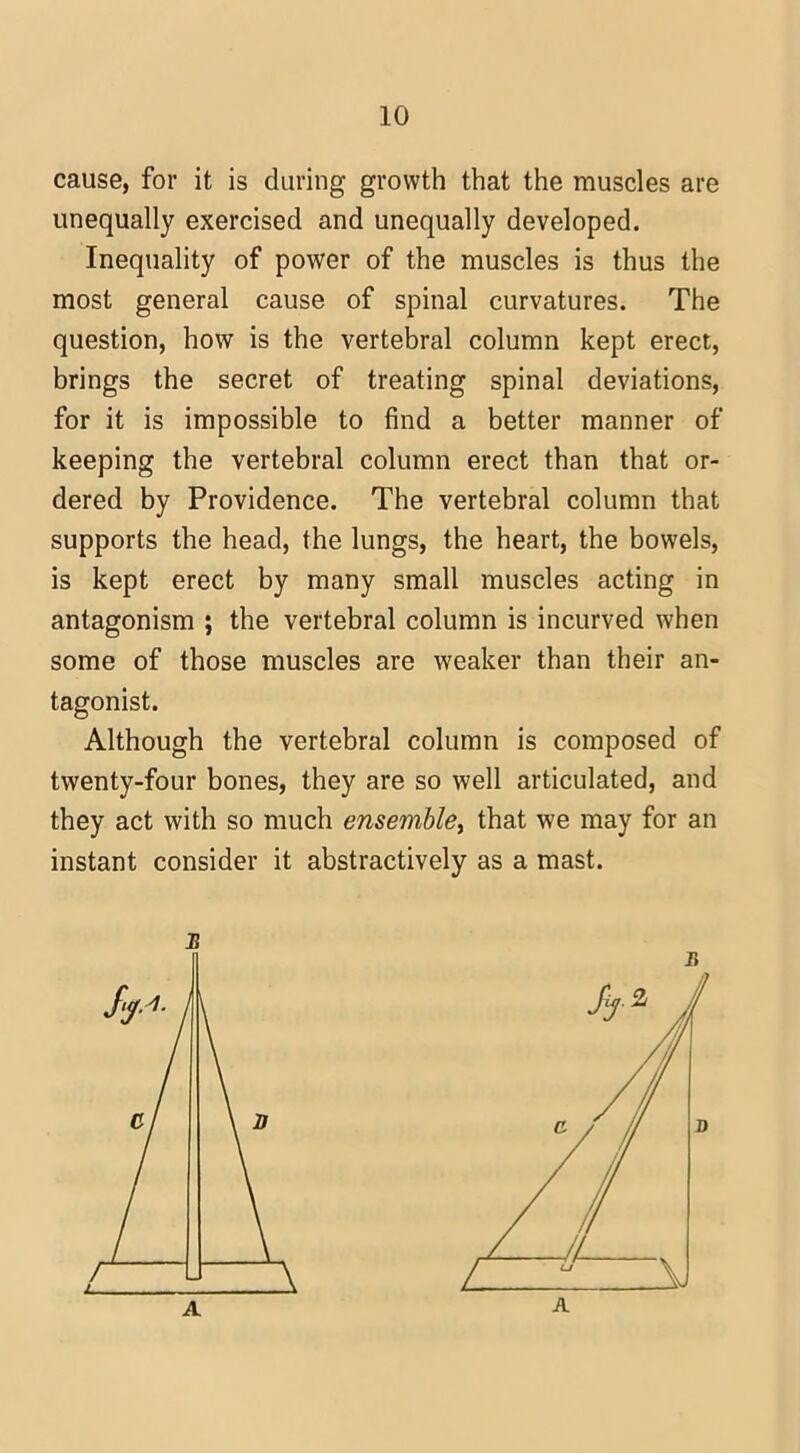 cause, for it is during growth that the muscles are unequally exercised and unequally developed. Inequality of power of the muscles is thus the most general cause of spinal curvatures. The question, how is the vertebral column kept erect, brings the secret of treating spinal deviations, for it is impossible to find a better manner of keeping the vertebral column erect than that or- dered by Providence. The vertebral column that supports the head, the lungs, the heart, the bowels, is kept erect by many small muscles acting in antagonism ; the vertebral column is incurved when some of those muscles are weaker than their an- tagonist. Although the vertebral column is composed of twenty-four bones, they are so well articulated, and they act with so much ensemble, that we may for an instant consider it abstractively as a mast. A A