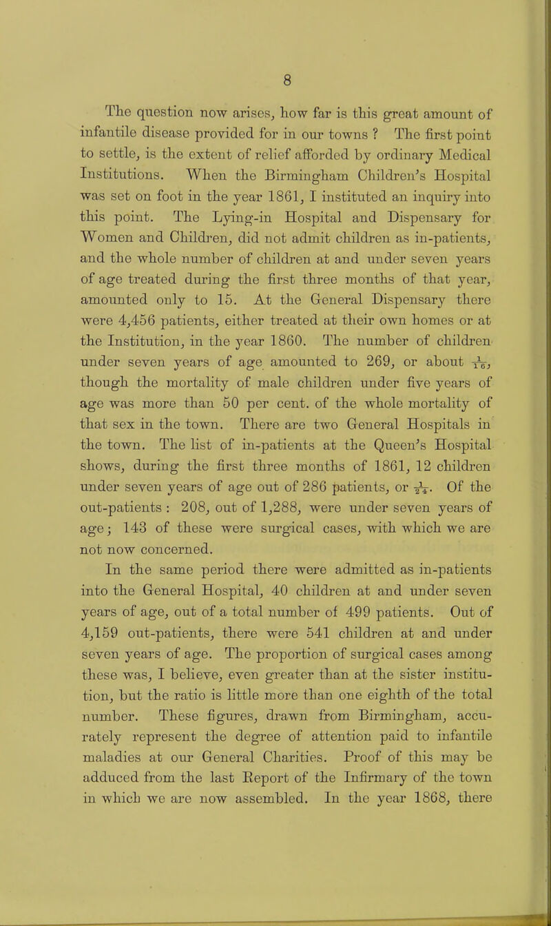 The question now arises, how far is this great amount of infantile disease provided for in our towns ? The first point to settle, is the extent of relief afforded by ordinary Medical Institutions. When the Birmingham Children's Hospital was set on foot in the year 1861, I instituted an inquiry into this point. The Lying-in Hospital and Dispensary for Women and Children, did not admit children as in-patients, and the whole number of children at and under seven years of age treated during the first three months of that year, amounted only to 15. At the General Dispensary there were 4,456 patients, either treated at their own homes or at the Institution, in the year 1860. The number of children under seven years of age amounted to 269, or about W; though the mortality of male children under five years of age was more than 50 per cent, of the whole mortality of that sex in the town. There are two General Hospitals in the town. The list of in-patients at the Queen's Hospital shows, during the first three months of 1861, 12 children under seven years of age out of 286 patients, or W- Of the out-patients : 208, out of 1,288, were under seven years of age; 143 of these were surgical cases, with which we are not now concexmed. In the same period there were admitted as in-patients into the General Hospital, 40 children at and under seven years of age, out of a total number of 499 patients. Out of 4,159 out-patients, there were 541 children at and under seven years of age. The proportion of surgical cases among these was, I believe, even greater than at the sister institu- tion, but the ratio is little more than one eighth of the total number. These figures, drawn from Birmingham, accu- rately represent the degree of attention paid to infantile maladies at our General Charities. Proof of this may be adduced from the last Report of the Infirmary of the town in which we are now assembled. In the year 1868, there