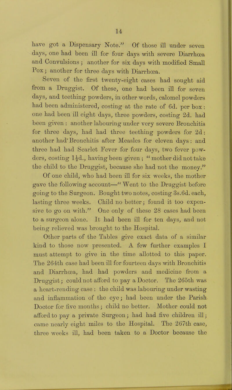 have got a Dispensary Note.” Of those ill under seven days, one had been ill for four days with severe Diarrhoea and Convulsions ; another for six days with modified Small Pox; another for three days with Diarrhoea. Seven of the first twenty-eight cases had sought aid from a Druggist. Of these, one had been ill for seven days, and teething powders, in other words, calomel powders had been administered, costing at the rate of 6d. per box: one had been ill eight days, three powders, costing 2d. had been given : another labouring under very severe Bronchitis for three days, had had three teething powders for 2d: another had' Bronchitis after Measles for eleven days: and three had had Scarlet Fever for four days, two fever pow- ders, costing l^d., having been given; “ mother did not take the child to the Druggist, because she had not the money.” Of one child, who had been ill for six weeks, the mother gave the following account—“ Went to the Druggist before going to the Surgeon. Bought two notes, costing 3s.6d. each, lasting three weeks. Child no better; found it too expen- sive to go on with.” One only of these 28 cases had been to a surgeon alone. It had been ill for ten days, and not being relieved was brought to the Hospital. Other parts of the Tables give exact data of a similar kind to those now presented. A few further examples I must attempt to give in the time allotted to this paper. The 264th case had been ill for fourteen days with Bronchitis and Diarrhoea, had had powders and medicine from a Druggist; could not afford to pay a Doctor. The 265th was a heart-rending case ; the child was labouring under wasting and inflammation of the eye; had been under the Parish Doctor for five months; child no better. Mother could not afford to pay a private Surgeon; had had five children ill; came nearly eight miles to the Hospital. The 267th case, three weeks ill, had been taken to a Doctor because the