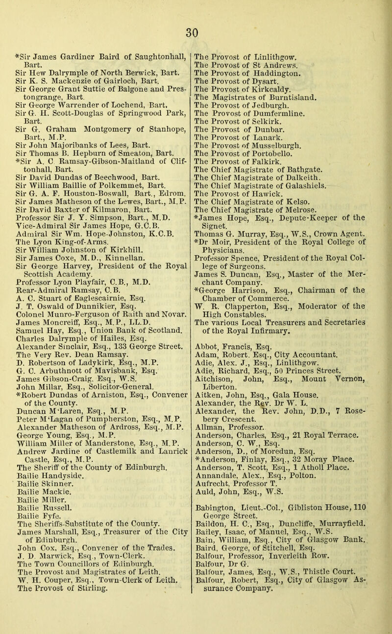 *Sir James Gardiner Baird of Saughtonhall, Bart. Sir Hew Dalrymple of North Berwick, Bart. Sir K. S. Mackenzie of Gairloch, Bart. Sir George Grant Suttie of Balgone and Pres- tongrange, Bart. Sir George Warrender of Lochend, Bart. Sir G. H. Scott-Douglas of Springwood Park, Bart. Sir G. Graham Montgomery of Stanhope, Bart., M.P. Sir John Majoribanks of Lees, Bart. Sir Thomas B. Hepburn of Smeaton, Bart. *Sir A. C. Ramsay-Gibson-Maitland of Clif- tonhall, Bart. Sir David Dundas of Beechwood, Bart. Sir William Baillie of Polkemmet, Bart. Sir G. A. F. Houston-Bosvvall, Bart., Edrom. Sir James Matheson of the Lewes, Bart., M.P. Sir David Baxter of Kilmaron, Bart. Professor Sir J. Y. Simpson, Bart., M.D. Vice-Admiral Sir James Hope, G.C.B. Admiral Sir Wm. Hope-Johnston, K.C.B. The Lyon King-of-Arms. Sir William Johnston of Kirkhill. Sir James Coxe, M.D., Kinnellan. Sir George Harvey, President of the Royal Scottish Academy. Professor Lyon Playfair, C.B., M.D. Rear-Admiral Ramsay, C.B. A. C. Stuart of Eaglescairnie, Esq. J. T. Oswald of Dunnikier, Esq. Colonel Munro-Ferguson of Raith and Novar. James Moncreiff, Esq., M.P., LL.D. Samuel Hay, Esq., Union Bank of Scotland. Charles Dalrymple of Hailes, Esq. Alexander Sinclair, Esq., 133 George Street. The Very Rev. Dean Ramsay. D. Robertson of Lady kirk, Esq., M.P. G. C. Arbuthnott of Mavisbank, Esq. James Gibson-Craig, Esq., W.S. John Millar, Esq., Solicitor-General. *Robert Dundas of Arniston, Esq., Convener of the County. Duncan M’Laren, Esq., M.P. Peter M‘Lagan of Pumpherston, Esq., M.P. Alexander Matheson of Ardross, Esq., M.P. George Young, Esq., M.P. William Miller of Manderstone, Esq., M.P. Andrew Jardine of Castlemilk and Lanrick Castle, Esq., M.P. The Sheriff of the County of Edinburgh. Bailie Handyside. Bailie Skinner. Bailie Mackie. Bailie Miller. Bailie Russell. Bailie Fyfe. The Sheriffs-Substitute of the County. James Marshall, Esq., .Treasurer of the City of Edinburgh. John Cox, Esq., Convener of the Trades. J. D. Marwick, Esq., Town-Clerk. The Town Councillors of Edinburgh. The Provost and Magistrates of Leith. W. H. Couper, Esq., Town-Clerk of Leith. The Provost of Stirling. The Provost of Linlithgow. The Provost of St Andrews. The Provost of Haddington. The Provost of Dysart. The Provost of Kirkcaldy. The Magistrates of Burntisland. The Provost of Jedburgh. The Provost of Dumfermline. The Provost of Selkirk. The Provost of Dunbar. The Provost of Lanark. The Provost of Musselburgh. The Provost of Portobello. The Provost of Falkirk. The Chief Magistrate of Bathgate. The Chief Magistrate of Dalkeith. The Chief Magistrate of Galashiels. The Provost of Hawick. The Chief Magistrate of Kelso. The Chief Magistrate of Melrose. *James Hope, Esq., Depute-Keeper of the Signet. Thomas G. Murray, Esq., W.S., Crown Agent. *Dr Moir, President of the Royal College of Physicians. Professor Spence, President of the Royal Col- lege of Surgeons. James S. Duncan, Esq., Master of the Mer- chant Company. *George Harrison, Esq., Chairman of the Chamber of Commerce. W. R. Clapperton, Esq., Moderator of the High Constables. The various Local Treasurers and Secretaries of the Royal Infirmary. Abbot, Francis, Esq. Adam, Robert. Esq., City Accountant. Adie, Alex. J., Esq., Linlithgow. Adie, Richard, Esq., 50 Princes Street. Aitchison, John, Esq., Mount Vernon, Liberton. Aitken, John, Esq., Gala House. Alexander, the Rev. Dr W. L. Alexander, the Rev. John, D.D., 7 Rose- bery Crescent. Allman, Professor. Anderson, Charles, Esq., 21 Royal Terrace. Anderson, C. W., Esq. Anderson, D., of Moredun, Esq. * Anderson, Finlay, Esq., 32 Moray Place. Anderson, T. Scott, Esq., 1 Atholl Place. Annandale, Alex., Esq., Polton. Aufrecht, Professor T. Auld, John, Esq., W.S. Babington, Lieut.-Col., Gibliston House, 110 George Street. Baildon, H. C., Esq., Duncliffe, Murrayfield. Barley, Isaac, of Manuel, Esq., W.S. Bain, William, Esq., City of Glasgow Bank. Baird, George, of Stitchell, Esq. Balfour, Professor, Inverleith Row. Balfour, DrG. Balfour, James, Esq., W.S., Thistle Court. Balfour, Robert, Esq., City of Glasgow As- surance Company.