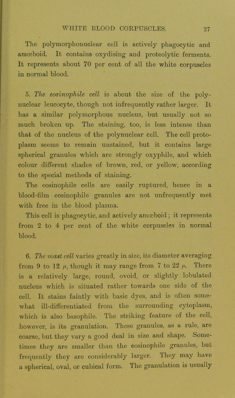 The polymorphonuclear cell is actively'- phagocytic and amoeboid. It contains oxydising and proteolytic ferments. It represents about 70 per cent of all the white corpuscles in normal blood. 5. The eosinophile cell is about the size of the poly- nuclear leucocyte, though not infrequently rather larger. It has a similar polymorphous nucleus, but usually not so much broken up. The staining, too, is less intense than that of the nucleus of the polynuclear cell. The cell proto- plasm seems to remain unstained, but it contains large spherical granules which are strongly oxyphile, and which colour different shades of brown, red, or yellow, according to the special methods of staining. The eosinophile cells are easily ruptured, hence in a blood-film eosinophile granules are not unfrequently met with free in the blood plasma. This cell is phagocytic, and actively amoeboid ; it represents from 2 to 4 per cent of the white corpuscles in normal blood. 6. The mast cell varies greatly in size, its diameter averaging from 9 to 12 though it may range from 7 to 22 There is a relatively large, round, ovoid, or slightly lobulated nucleus which is situated rather towards one side of the cell. It stains faintly with basic dyes, and is often some- what ill-differentiated from the surrounding cytoplasm, which is also basophile. The striking feature of the cell, however, is its granulation. These granules, as a rule, are coarse, but they vary a good deal in size and shape. Some- times they are smaller than the eosinophile granules, but frequently they are considerably larger. They may have a spherical, oval, or cubical form. The granulation is usually