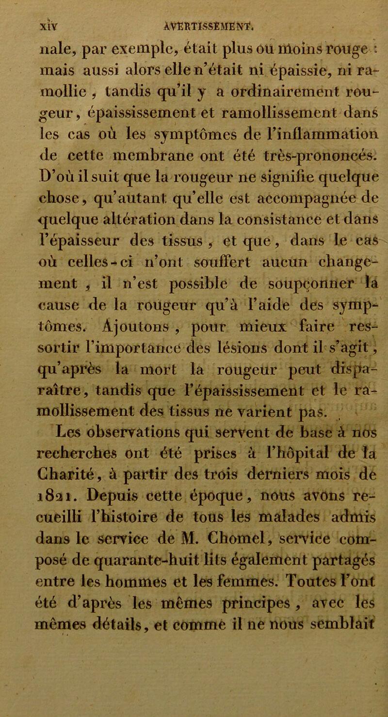 iiale, par exemple, était plus ou nioîns rouge : mais aussi alors elle n’était ni épaissie, ni ra~ mollie , tandis qu’il y a ordinairement rou*- geur, épaississement et ramollissement dans les cas où les symptômes de l’inflammation de cette membrane ont été très-prononcés. D’où il suit que la rougeur ne signifie quelque chose, qu’autant qu’elle est accompagnée de quelque altération dans la consistance et dans l’épaisseur des tissus , et que, dans le cas où celles-ci n’ont souffert aucun change- ment , il n’est possible de soupi^onner la cause de la rougeur qu’à l’aide des symp- tômes. Ajoutons , pour mieux faire res- sortir l’importance des lésions dont il s’agit, qu’après la mort la rougeur peut dispa- raître, tandis que l’épaississement et le ra- mollissement des tissus ne varient pas. Les observations qui servent de base à nos recherches ont été prises à l’hôpital de la Charité, à partir des trois derniers mois de i8ai. Depuis cette époque, nous avons re- cueilli l’histoire de tous les malades admis dans le service de M. Chomel, serv'iee com- posé de quarante-huit lits également partagés entre les hommes et les femmes. Toutes l’ont été d’après les mêmes principes , avec les mêmes détails, et comme il ne nous semblait