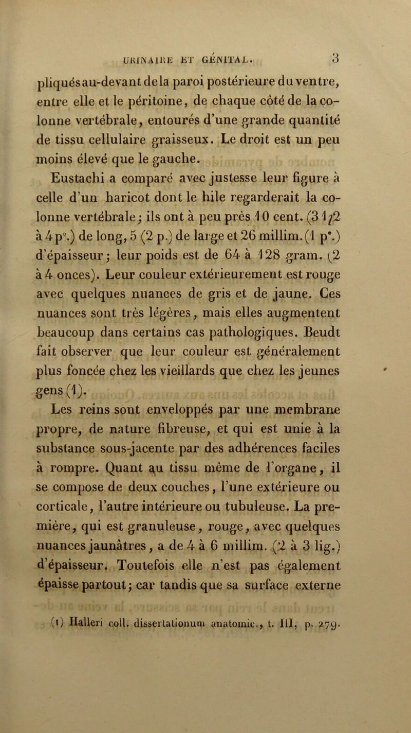 UKiNAinii lîT GEWITAL. 3 pliqués au-devant de la paroi postérieure d u ven tre, entre elle et le péritoine, de chaque côté de la co- lonne vertébrale, entourés d’une grande quantité de tissu cellulaire graisseux. Le droit est un peu moins élevé que le gauche. Eustachi a comparé avec justesse leur figure à celle d’un haricot dont le hile regarderait la co- lonne vertébrale ; ils ont à peu prés 10 cent. (31^2 à4p“.) de long, 5 (2 p.) de large et 26 millim.(l p*.) d’épaisseur; leur poids est de 64 à 128 grain. {2 à 4 onces). Leur couleur extérieurement est rouge avec quelques nuances de gris et de jaune. Ces nuances sont très légères, mais elles augmentent beaucoup dans certains cas pathologiques. Beudt fait observer que leur couleur est généralement plus foncée chez les vieillards que chez les jeunes gens (1). Les reins sont enveloppés par une membrane propre, de nature fibreuse, et qui est unie à la substance sous-jacente par des adhérences faciles à rompre. Quant ^u tissu même de l’organe, il se compose de deux couches, l’une extérieure ou corticale, l’autre intérieure ou tubuleuse. La pre- mière, qui est granuleuse, rouge, avec quelques nuances jaunâtres, a de4 à 6 millim. (2 à 3 lig.) d’épaisseur. Toutefois elle n’est pas également épaisse partout ; car tandis que sa surface externe