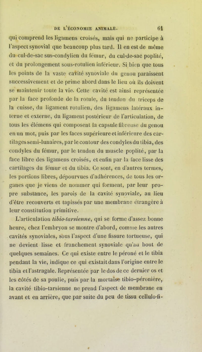 qiii comprend les ligamens croises, mais qui ne parlicipe ä l'aspect synovial que beaucoup plus tard. II enestde meme du cul-de-sac sus-condylien du feniur, du cul-de-sac popliie, el du prolongement sous-rotulien inferieur. Si bien que tous les poinls de la vasle cavite synoviale du genou paraissent successivenient et de prime abord dans le lieu oü ils doivent se maintenir loule la vie. Celle cavile est ainsi represenlee par la face profonde de la rotule, du lendon du iriccps de la cuisse, du liganient roiuilen, des ligamens laieraux in- lerne et externe, du ligamenl posierieur de rarliculaiion, de lous les elemens qui coniposenl la capsulefibreuse du genou enun mot, puis par les faces superieureeiinferieure des car- tilagessemi-lunairesjparleconlüur descondylesdu libia, des condyles du femur, par le lendon du muscle popliie, par la face libre des ligamens croises, etenfin par la face lisse des cartilages du femur et du libia. Ce sont, en d'autres termes, les porlions libres, depourvues d'adherences, de lous les or- ganes que je viens de nommer qui forment, par leur pro- pre substance, les parois de la cavile synoviale, au lieu d'etre recouverls et lapissespar une membranc eirangereä leur conslilulion primitive. L'articulalion tihio-iarsienne, qui se forme d'assez bonne heure, chez l'embryon se monlre d'abord, comnie les aulres cavites synoviales, sous l'aspect d'une fissure tortueuse, qui ne devient lisse et Iranchement synoviale qu'au bout de quelques semaines. Ce qui exisle enlre le perone el le libia pendant la vie, indique ce qui exislaitdans l'origine enlre le libia etl'astragale. Represenlee par ledosdece dernier os et les cötes de sa poulie, puis par la moriaise libio-peroniere, la cavite tibio-tarsienne ne prend l'aspect de membrane en avant et en arriere, que par suite du peu de tissu cellulo-fi-