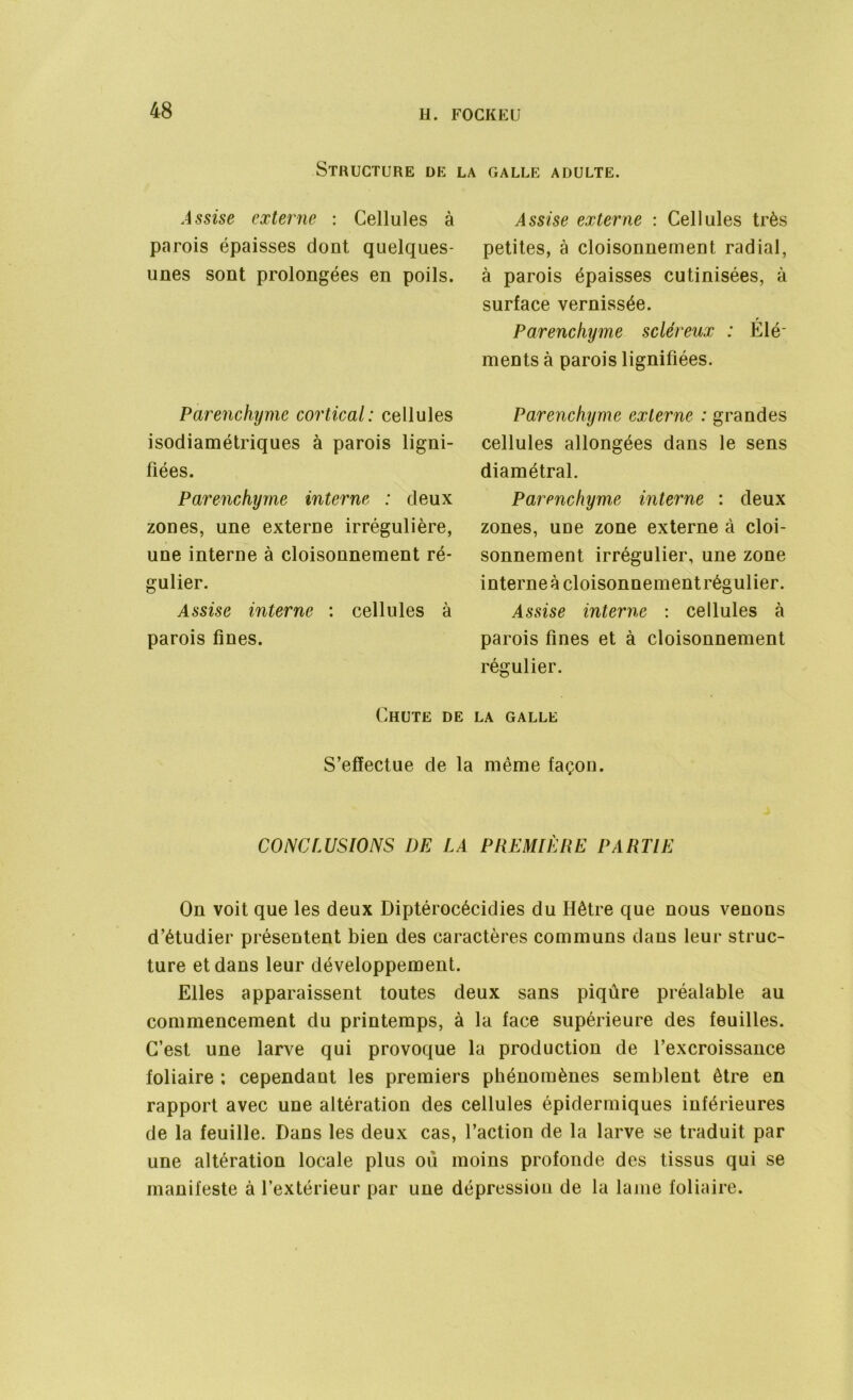 Structure de la galle adulte. Assise externe : Cellules à parois épaisses dont quelques- unes sont prolongées en poils. Parenchyme cortical: cellules isodiamétriques à parois ligni- fiées. Parenchyme interne : deux zones, une externe irrégulière, une interne à cloisonnement ré- gulier. Assise interne : cellules à parois fines. Assise externe : Cellules très petites, à cloisonnement radial, à parois épaisses cutinisées, à surface vernissée. Parenchyme scléreux : Elé- ments à parois lignifiées. Parenchyme externe : grandes cellules allongées dans le sens diamétral. Parenchyme interne : deux zones, une zone externe à cloi- sonnement irrégulier, une zone interne à cloisonnementrégulier. Assise interne : cellules à parois fines et à cloisonnement régulier. Chute de la galle S’effectue de la même façon. CONCLUSIONS DE LA PREMIÈRE PARTIE On voit que les deux Diptérocécidies du Hêtre que nous venons d’étudier présentent bien des caractères communs dans leur struc- ture et dans leur développement. Elles apparaissent toutes deux sans piqûre préalable au commencement du printemps, à la face supérieure des feuilles. C’est une larve qui provoque la production de l’excroissance foliaire ; cependant les premiers phénomènes semblent être en rapport avec une altération des cellules épidermiques inférieures de la feuille. Dans les deux cas, l’action de la larve se traduit par une altération locale plus où moins profonde des tissus qui se manifeste à l’extérieur par une dépression de la lame foliaire.