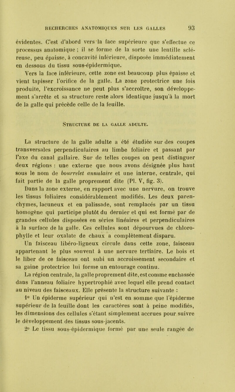 évidentes. C’est d’abord versia face supérieure que s’effectue ce processus anatomique ; il se forme de la sorte une lentille sclé- reuse, peu épaisse, à concavité inférieure, disposée immédiatement en dessous du tissu sous-épidermique. Vers la face inférieure, cette zone est beaucoup plus épaisse et vient tapisser l’orifice de la galle. La zone protectrice une fois produite, l’excroissance ne peut plus s’accroître, son développe- ment s’arrête et sa structure reste alors identique jusqu’à la mort de la galle qui précède celle de la feuille. Structure de la galle adulte. La structure de la galle adulte a été étudiée sur des coupes transversales perpendiculaires au limbe foliaire et passant par l'axe du canal gallaire. Sur de telles coupes on peut distinguer deux régions : une externe que nous avons désignée plus haut sous le nom de bourrelet annulaire et une interne, centrale, qui fait partie de la galle proprement dite (PL V, fig. 3). Dans la zone externe, en rapport avec une nervure, on trouve les tissus foliaires considérablement modifiés. Les deux paren- chymes, lacuneux et en palissade, sont remplacés par un tissu homogène qui participe plutôt du dernier et qui est formé par de grandes cellules disposées en séries linéaires et perpendiculaires à la surface de la galle. Ces cellules sont dépourvues de chloro- i phylle et leur oxalate de chaux a complètement disparu. Un faisceau lihéro-ligneux circule dans cette zone, faisceau appartenant le plus souvent à une nervure tertiaire. Le bois et le liber de ce faisceau ont subi un accroissement secondaire et sa gaine protectrice lui forme un entourage continu. La région centrale, la galle proprement dite, est comme enchâssée dans l’anneau foliaire hypertrophié avec lequel elle prend contact au niveau des faisceaux. Elle présente la structure suivante : 1° Un épiderme supérieur qui n’est en somme que l’épiderme supérieur de la feuille dont les caractères sont à peine modifiés, les dimensions des cellules s’étant simplement accrues pour suivre le développement des tissus sous-jacents. 2° Le lissu sous-épidermique formé par une seule rangée de