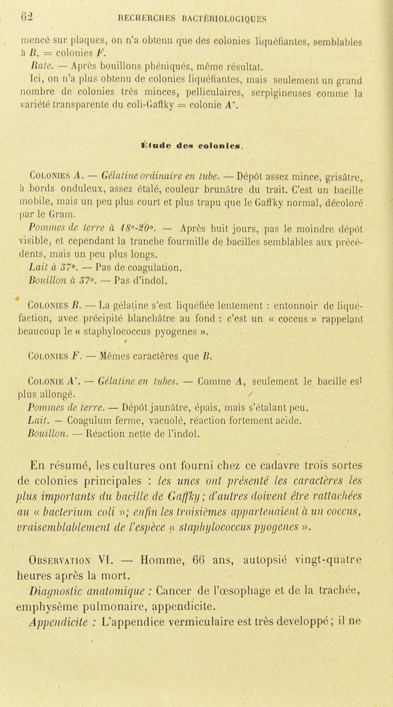 niencé sui- plaques, on n'a obtenu que des colonies liquéfiantes, semblables à B, = colonies F. Rate. — Après bouillons phéniqués, même résultat. Ici, on n'a plus obtenu de colonies liquétiantes, mais seulement un grand nombre de colonies très minces, pelliculaires, serpigineuses comme la variété transparente du coli-Gaftky = colonie A', lOlndo doM colonies. Colonies A. — Gélatine ordinaire en ttibe. — Dépôt assez mince, grisâtre, à bords onduleux, assez étalé, couleur brunâtre du trait. C'est un bacille mobile, mais un peu plus court et plus trapu que le Gaffky normal, décoloré par le Gram. Pommes de terre à 18'>-20'>. — Après huit jours, pas le moindre dépôt visible, et cependant la tranche fourmille de bacilles semblables aux précé- dents, mais un peu plus longs. Lait à 37^. — Pas de coagulation. Bouillon à 37. — Pas d'indol. Colonies R. — La gélatine s'est liquéfiée lentement : entonnoir de liqué- faction, avec précipité blanchâtre au fond : c'est un « coccus » rappelant beaucoup le « staphylococcus pyogenes ». Colonies F. — Mêmes caractères que R. Colonie A*. — Gélatine en tubes. — Comme A, seulement le bacille est plus allongé. ' Pommes de terre. — Dépôt jaunûtre, épais, mais s'étalant peu. Lait. — Coagulum ferme, vacuole, réaction fortement acide. Rouillon. — Réaction nette de l'indol. En résumé, les cultures ont fourni chez ce cadavre trois sortes de colonies principales : les unes ont présenté les caractères les plus importants du bacille de GafJ'ky ; d'autres doivent être rattachées au ce bacte^ium coli »; enfin les troisièmes appartenaient à un coccus, vraisemblablement de l'espèce « staphylococcus pyogenes ». Observation Vf. — Homme, 6(5 ans, autopsié vingt-quatre heures après la mort. Diagnostic anatomique : Cancer de l'œsophage et de la trachée, emphysème pulmonaire, appendicite. Appendicite : L'appendice vermiculaire est très développé; il ne